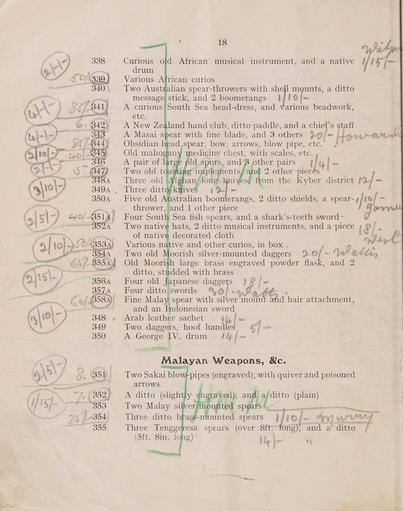     NF 338 ae old African musical instrument, and a native if j 57 (= i é  y oe Tum ee 339) Various African curios 340 Two Austyalian spear-throwers with shell mounts, a ditto RC eSN | ie Saas message} stick, and 2 boomerangs ‘Te oj- A\A } ws fA 841) A curious|South Sea head-dress, and 4 [en beadwork Ly ns ee ae etc peers @» B42) A New Zealand hand club, ditto paddle, and a a s staff fyl-\— gis A Masai spear with fine blade, and 3 others 2O/@ Lint tras ee S / B44 Obsidian head,spear, bow, arrows, blow pipe, i t Elre|2- TAP or Old mahoga edicine chest, with scales, etc. ae ae 346 A pair of large Id spurs, pelt other pairs J /&amp; - SES 4. B47} Two old tdagtipg’ int le ents 2 other piecés C8 \2) ~ 3484 = Three old ‘Afghan? fond rom the Kyber district ro ~ ‘ ayo 349A , Three dittork ives Noe f 3504 =‘ Five old Afistralian no] erangs, 2 ditto shields, a spear- t]ea/ bo} a thrower,'and 1 other piece J bd | \7 e40/ $512) Four Sout h Sea fish spears, and a shark’s-teeth sword 215 _ —— OA 86 Two native hats, 2 ditto musical instruments, and a piece [ 2) i a of native decorated cloth = ore = f $i | wo) ~S 50 A353 Various native and other curios, in box = \ (ee 3544 Two old Moorish silver-mounted daggers 9 of - q tie eee Goh 855A) Old Moorish large brass engraved powder flask, and 2 fe.\\x5)\ Woes =“ ditto, studded with brass : Ce ey 3564 Four old Japanese daggers ele “&gt; 4 357A Four ditto|swords %@/ x: Ka tts per 1 658A)! Fine Malay spear withe silver ome and eae attachment, A ee nee and an Indonesian sword, fr \\-) 348 ~ Arab leather sachet foie | Kare 349 Two daggers, hoof handles. §/ = ey! 350 A George IV. drum # de | _       Tape Ke) Malayan Weapons, &amp;c. o) i ae ; | &amp;, \ ‘fF 8, (85) Two Sakai blo pie (engraved), with quiver and poisoned : etn econ * - aITOWS &gt; 352] A ditto (slightly @¢ngrayved), an | Bae as) bike) a OOO Two Malay silver? apie spe igh SS 25) 354, Three ditto bra eT E86 Three Tengg fSft. Sins le bon ounted spears Tre, Ty {- Ewe , mAMAg esa spears (over Sft- fong) and a ditto f g) Rhy | A Aa . i
