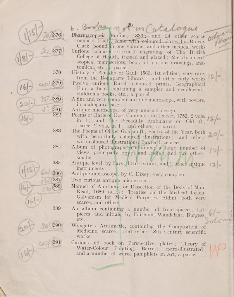 } \ 1\ {3 \/ 7 + 7376) \ \\ (ALAR DO 372) Avo) os 378 | i b|&gt; a »~# at ; 7 aw ;  Ay 382 \ ¢ i wee 383 384 &lt;ctie 385 fy \ FE sbrh, | | Ay = é ; 380) ail 388) se y, ar 4 (le ie Xs 389 fo s/ (890) sy, WS 4 x io % AY      &gt; ; Soe he i ve vu [A at ‘§ : Uy, 4 ay ad, F tad “08 Pharmacopeeia Fequina, 1833;. and 24 othe r scarce ite medical tract$, Some=with- coloured. plates by.Bracey [he Clark, porray In one volume, and other medical works ~' ae ealth, “Gee and glazed; 2 early microz scripts, book of curious drawings, ana- a parcel ‘adio of Gaul, 1563, Ist edition, very rare, ,q |. haparte Library ; ; and other early works ad Dutch coloured prints, Geographical Fun, a books containing a sampler and needlework, children’s bodks, etc., a parcel A fine and very omplete antique microscope, with powers, in mahogany case Antique microscope, of very unusual design Poems of Earls of Ross Common and Dorset, 1752, 2 vois. 12 ‘&amp; in 1; and The Piccadilly Ambulator or Old ©.,!#/ scarce, 2 vols. ih 1; and others, a parcel The Roeme of Oliyer Goldsmi ‘hh, Poetry of the Year, both « with beautifully coloured illustrations ; and others ™ with coloured illustrati ns; Baxter Licencees Album of photographs¥c6ftaining’ a large number of tol views, Be Egypt and Indias ae fwd others, * “{ smaller : Antique level, by Cary, ditto sextant, 4 2 other antique iDle instruments i Antique microscope, by C. Dixey, very complete Two curious antique microscopes Manuel of Anatomy, or Dissection of the Body of Man, Read, 1650 (a.F.); Treatise on the Medical Leach, Galvanism for Medical Purposes, Aldini, both very scarce, and others An album containing a number of frontispieces, tail- y /_ pieces, and initials, by Faithom, Wandelaar, Burgess, e : etc; + ah at “ys Wyngate’s Arithmetic, containing the Composition of Medicine, scarce ;_ and other 18th Century scientific works Curious old book on Perspective, plates ; Theory of Water-Colour Painting, Barrett, extra- ‘ulustrated ; oa, and a number cf scarce pamphlets on Art, a parcel .    er cea! ger P satin 