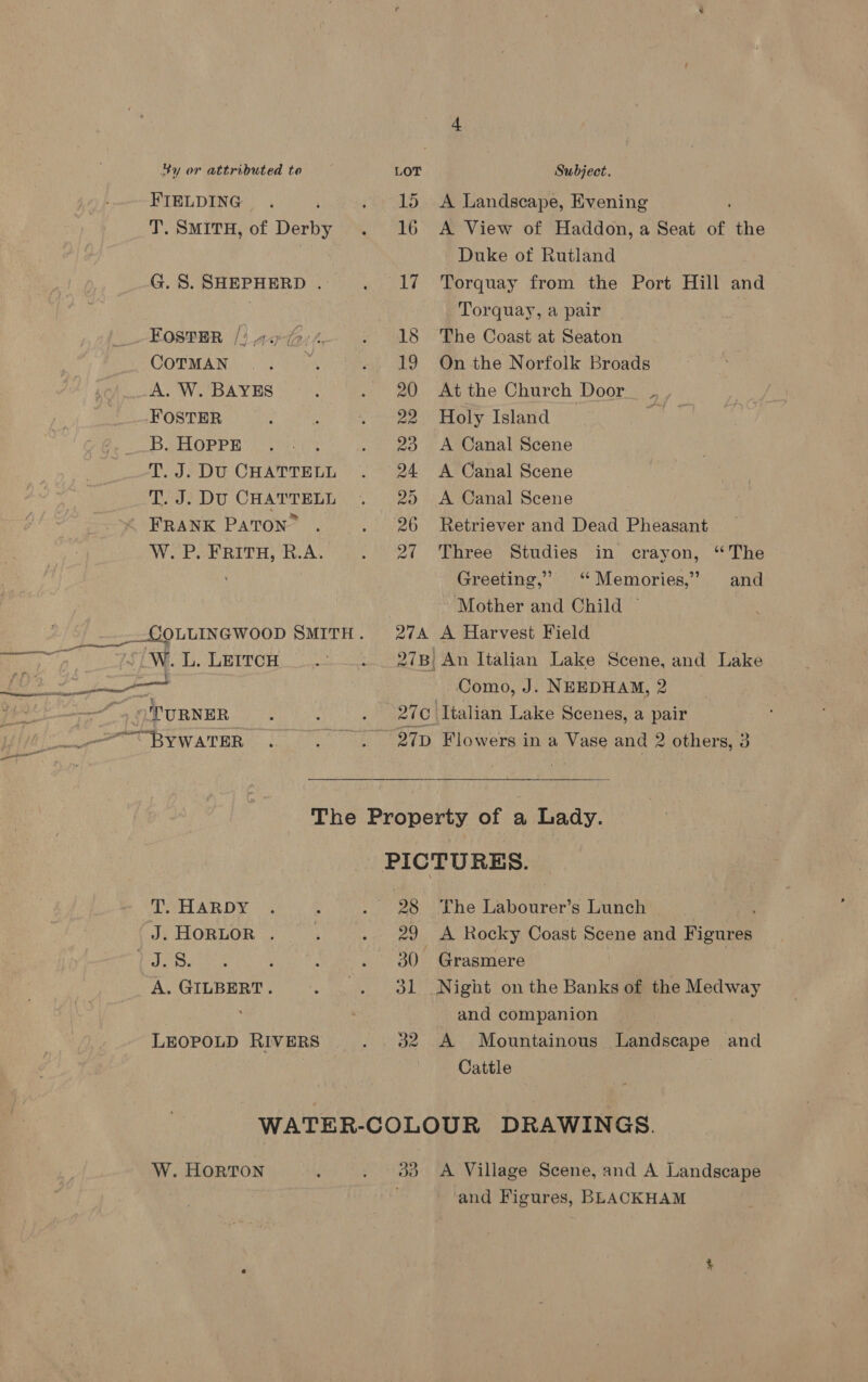 FIELDING ‘ T. SMITH, of Derby G. S. SHEPHERD . COTMAN FOSTER B. HOPPE T. J. DU CHATTELL T. J. DU CHATTELL FRANK PATON W. P.. FRITH, R.A. W. L. LEITCH A Landscape, Evening A View of Haddon, a Seat of the Duke ot Rutland Torquay from the Port Hill and Torquay, a pair The Coast at Seaton On the Norfolk Broads At the Church Door .,, Holy Island i A Canal Scene A Canal Scene A Canal Scene Retriever and Dead Pheasant Three Studies ‘The Greeting,” ‘“ Memories,” and Mother and Child ~ A Harvest Field in crayon, Como, J. NEEDHAM, 2 Flowers in a Vase and 2 others, 3 LEOPOLD RIVERS The Teuorree s Lunch Grasmere and companion A Mountainous Landscape and Cattle W. HORTON 33 A Village Scene, and A Landscape and Figures, BLACKHAM