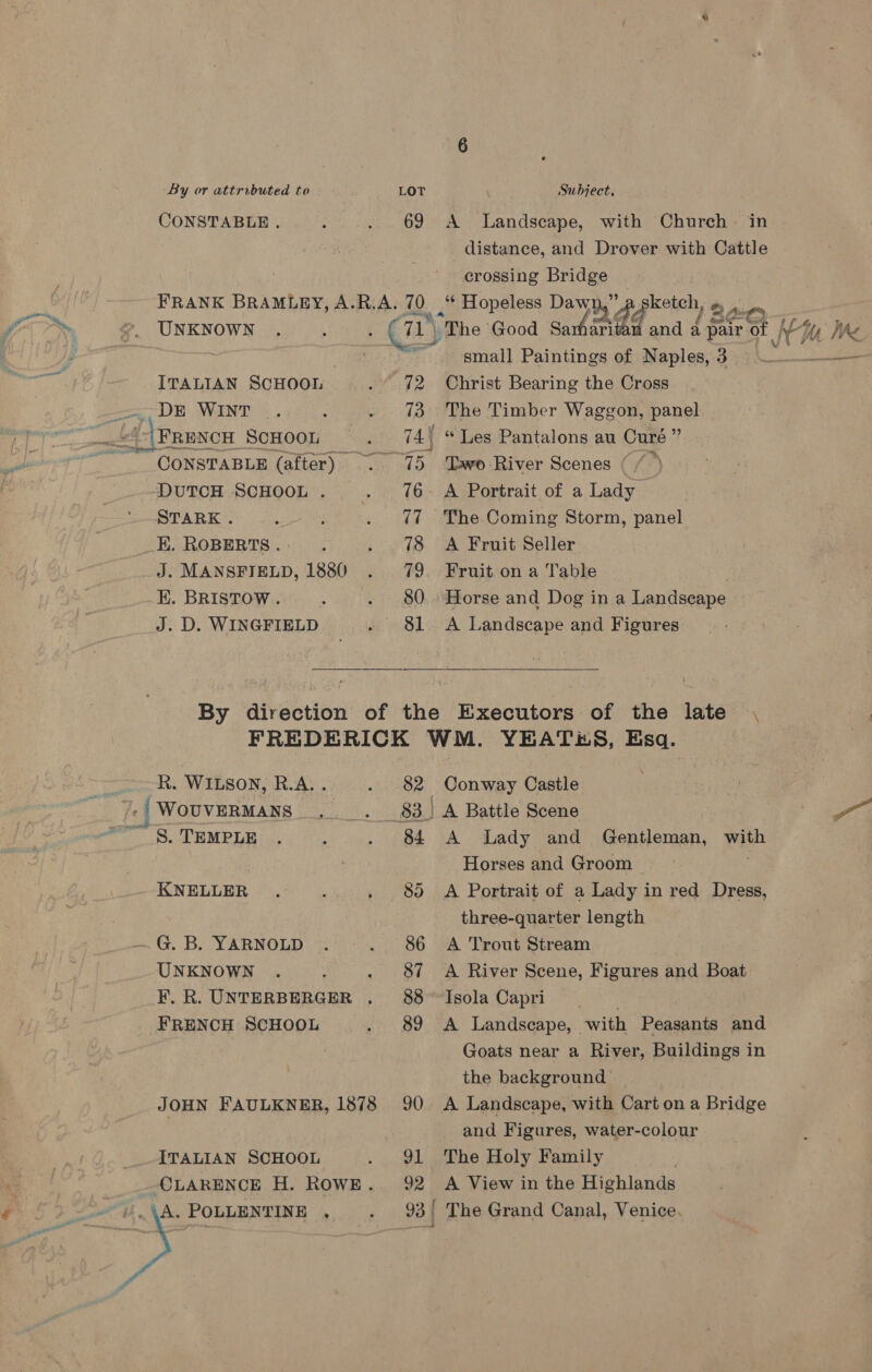 By or attributed to LOT Subject, CONSTABLE . : . 69 A Landscape, with Church in distance, and Drover with Cattle crossing ae FRANK BRAMLEY, A.R.A. 10. ‘“¢ Hopeless Dawns ygkoteh, + A: UNKNOWN . ; ay “The Good hae a and ‘Cpe ot NA WK | small Paintings of Naples, 3 9 —--— ITALIAN SCHOOL . 72 Christ Bearing the Cross = DE WINNT) 2. : . 73 The Timber Waggon, panel (| FRENCH SCHOOL | ite 74| “ Les Pantalons au Curé ” CONSTABLE (after) . 75 ‘Two River Scenes ( /~ DUTCH SCHOOL . . 6- A Portrait of a Lady STARK. E : . @7 The Coming Storm, panel _E. ROBERTS. : . 78 A Fruit Seller J. MANSFIELD, 1880 . 79 Fruit ona Table . EK. BRISTOW . : . 80.» Horse and Dog in a Landscape J. D. WINGFIELD . 81 A Landscape and Figures  By direction of the Executors of the late , FREDERICK WM. YEATES, Esq. R. WILSON, R.A. . . 82 Conway Castle 3. Te WOUVERMANS . _. 83. A Battle Scene | ar S. TEMPLE . : . 84 A Lady and Gentleman, vig . Horses and Groom | KNELLER . ; » 83 A Portrait of a Lady i in red Dress, three-quarter length ~G.B. YARNOLD . . 86 A Trout Stream UNKNOWN . . 87 A River Scene, Figures and Boat F. R. UNTERBERGER . 88° Isola Capri FRENCH SCHOOL . 89 A Landscape, with Peasants and ! Goats near a River, Buildings in the background JOHN FAULKNER, 1878 90 A Landscape, with Cart on a Bridge : and Figures, water-colour ITALIAN SCHOOL . 91 The Holy Family CLARENCE H. ROWE. 92 A View in the Highlands .\A. POLLENTINE , ‘ 93 | The Grand Canal, Venice. 