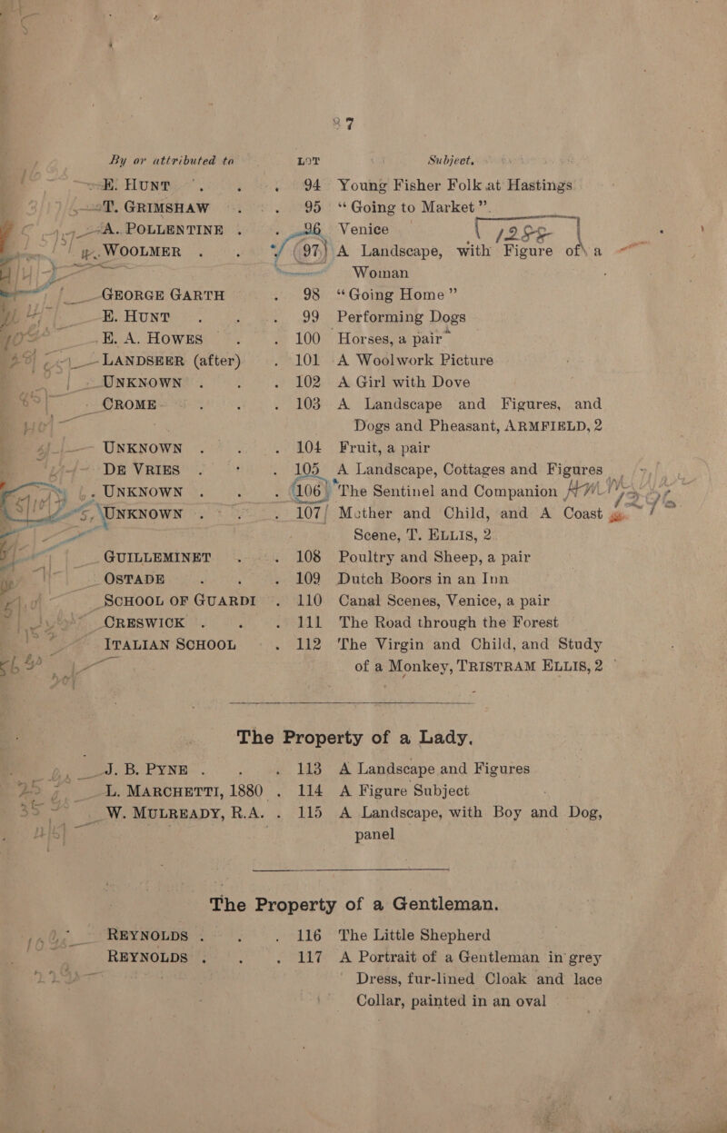  Subject, Young Fisher Folk at’ Hastings ‘“¢ Going to Market”. 125 Woman “Going Home” Horses, a pair A Woolwork Picture A Girl with Dove Fruit, a pair Scene, T. ELLIS, 2 Poultry and Sheep, a pair Dutch Boors in an Inn Canal Scenes, Venice, a pair The Road through the Forest  By or attributed ta LOT oak. HUNT Ne ,.oT. GRIMSHAW tL 4 ) 7A. POLLENTINE . 6 Venice heel ye. WOOLMER San me | _ GEORGE GARTH 98 i! Wy}. BR. Hon 99 j0 = _.E. A. HoWES 100 2° 7 -\_- LANDSEER (after) 101 | | »UNKNowN 102 . CROME. 103 A UNKNOWN 104 3 DE VRIES 105 | 106) 107 4 a GUILLEMINET 108 Ws Ei _ OSTADE : 109 ee], ul _ SCHOOL OF GUARDI 110 1 /)~ CRESWICK . 111 eae ITALIAN SCHOOL 112 4s {) ma on Bote): BEY NE e189 22 7 L, Marcuertt, 1880 . 114 35 ~~ . W. Muugeapy, R.A. .. 115 A Landscape and Figures A Figure Subject panel pn OU, REYNOLDS ao REYNOLDS , 116 The Little Shepherd Collar, painted in an oval