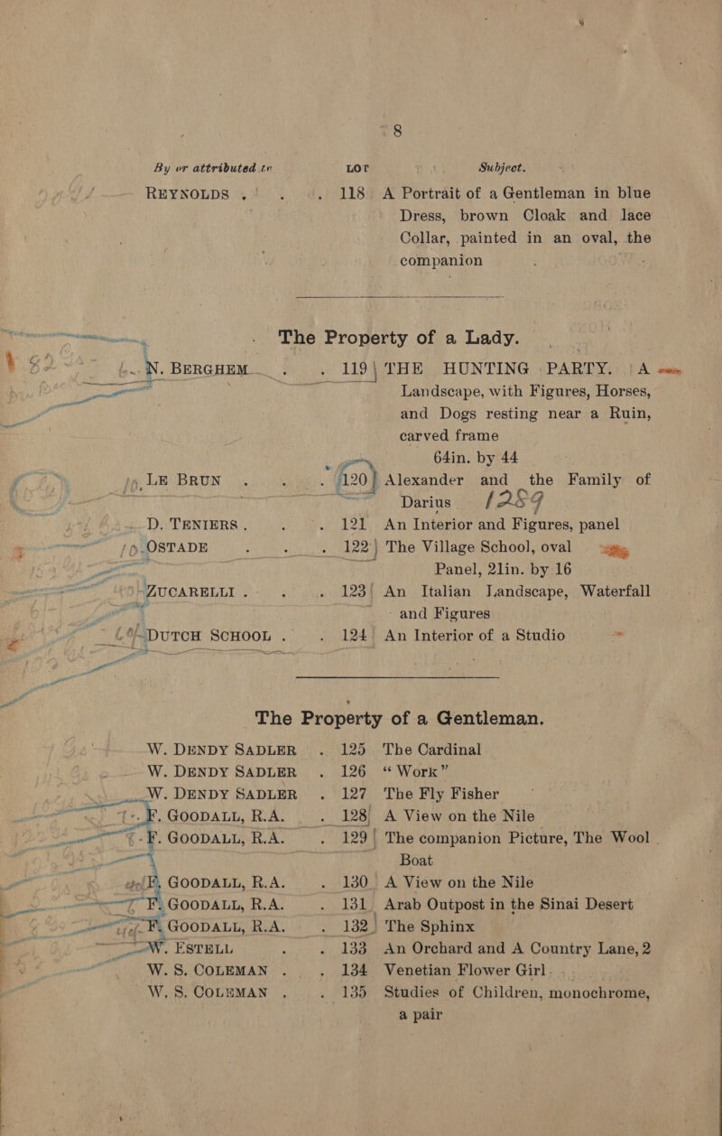 REYNOLDS , os N. BERGHEM _ ames Ay. LE BRUN ..D. TENIERS . /p.OSTADE ZUCARELLI . ett W,.S. COLEMAN 118. A Portrait of a Gentleman in blue Dress, brown Cloak and. lace Collar, painted in an oval, the companion  The Property of a Lady. ‘ 119 | THE HUNTING : PARTY. || A. cng Landscape, with Figures, Horses, and Dogs resting near a Ruin, carved frame 64in. by 44 : {20) Alexander and at Darius the Family of L289 by a A Interior and Figures, panel . 122') The Village School, oval Panel, 2lin. by 16 123: An Italian Landscape, and Figures 124 An Interior of a Studio Waterfall ie ith The Property of a Gentleman. W. DENDY SADLER 125. The Cardinal W. DENDY SADLER 126 “ Work” W. DENDY SADLER 127 The Fly Fisher one } . GOODALL, R.A. 128, A View on the Nile a c-F. GOODALL, R.A. 129 / The companion Picture, The Wool __ 4 > « Boat Se, | GOODALL, R.A 130. A View on the Nile ~conT” F. GoopaLt, R.A. 131 Arab Outpost in the Sinai Desert eee tr) ae GOODALL, R.A. 132 | The Sphinx 7 oe ESTELL 133 An Orchard and A Country Lane, 2 _ W.S. CoLeEMAN 134 Venetian Flower Girl. . 135 Studies of Children, monochrome, a pair
