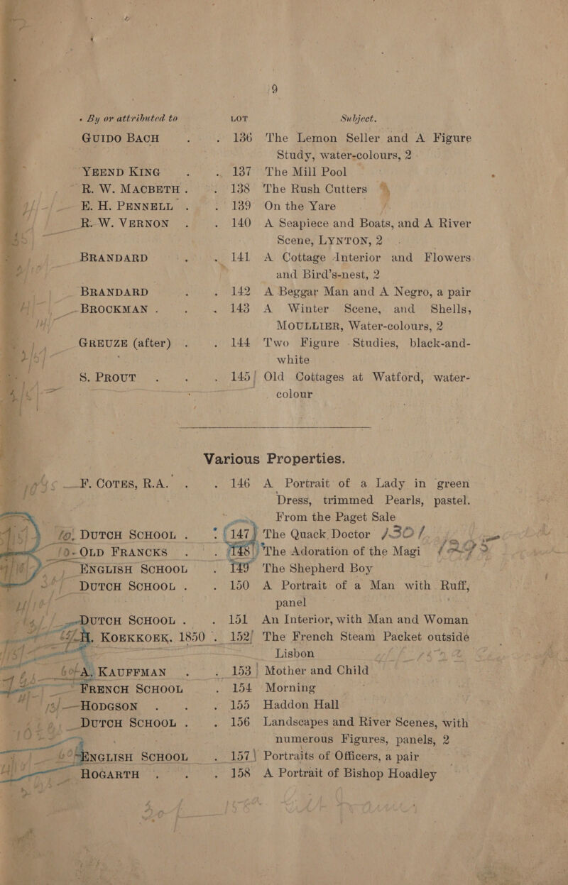 S. PROUT _¥F. Coras, R.A. 146 iat _ colour A Portrait of a Lady in green Dress, trimmed Pearls, pastel. From the Paget Sale « By or attributed to LOT Subject. GuIpO BacH 136 The Lemon Seller and A Figure ee. | Study, water-colours, 2 YEEND KING 137 The Mill Pool — : ~R. W. MACBETH . 138 The Rush Cutters ”) EK. H. PENNELL . 139° On the Yare PU __R.W. VERNON 140 A Seapiece and Boats, and A River re Scene, LYNTON, 2 BRANDARD 141 <A Cottage Interior and Flowers ) and Bird’s-nest, 2 BRANDARD 142 A Beggar Man and A N egro, a pair _-BROCKMAN . 143 A Winter Scene, and Shells, MOULLIER, Water-colours, 2 GREUZE (after) 144 Two Figure -Studies, black-and- white | 145/ Old Cottages at Watford, water- Yo. Dutcu ScHoon . * {147} The Quack. Doctor /.30 / f0- - OLD FRANCKS oe The Adoration of the Magi ¢ ener Se “ENGLISH ScHooL . 12% The Shepherd Boy ae SCHOOL . 150 A Portrait of a Man with hg | panel | _ Duron SCHOOL . 151 An Interior, with Man and Woman : 6 . KOEKKOEK. 1850 ie 152) The French Steam Packet putes . pol yt ee Lisbon  ue      eat KAUFFMAN __153| Mother and Child | FRENCH SCHOOL 154 Morning fa 155 Haddon Hall 156 Landscapes and River Scenes, with numerous Figures, panels, 2 157) Portraits of Officers, a pair : 158 A Portrait of Bishop Hoadley i, —DutToH SCHOOL . 