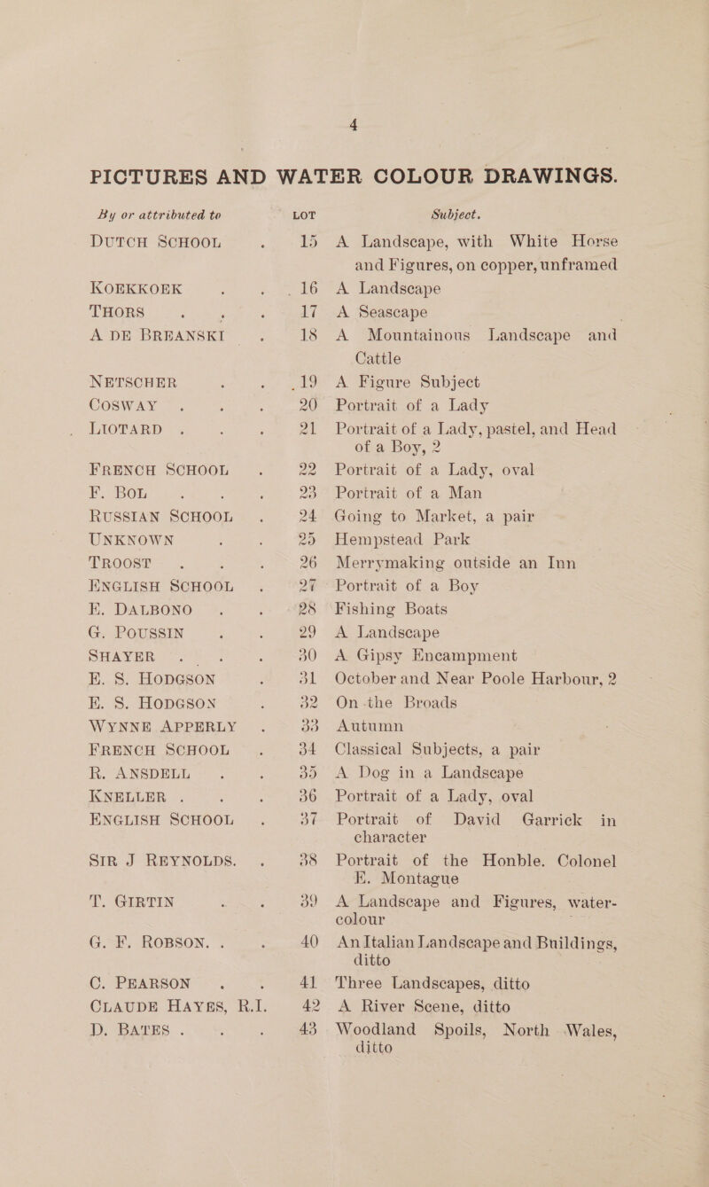 By or attributed to DUTCH SCHOOL KOEKKOEK THORS A DE BREANSKI NETSCHER COSWAY LIOTARD FRENCH SCHOOL F. Bou RUSSIAN SCHOOL UNKNOWN TROOST KNGLISH SCHOOL EK. DALBONO G. POUSSIN SHAYER E. S. HODGSON EK. S. HODGSON WYNNE APPERLY FRENCH SCHOOL R. ANSDELL KNELLER ENGLISH SCHOOL Sin J REYNOLDS. T. GIRTIN G. EF. ROBSON. . C. PEARSON D. BATES . LOT 15 17 18 42 Subject. A Landscape, with White Horse and Figures, on copper, unframed A Landscape A Seascape A Mountainous Cattle A Figure Subject Portrait of a Lady Portrait of a Lady, pastel, and Head of a Boy, 2 Portrait of a Lady, oval Portrait of a Man Going to Market, a pair Hempstead Park Landscape and Merrymaking outside an Inn Fishing Boats A Landscape A Gipsy Encampment October and Near Poole Harbour, 2 On-the Broads Autumn Classical Subjects, a pair A Dog in a Landscape Portrait of a Lady, oval Portrait of David character 3 Portrait of the Honble. Colonel K. Montague A Landscape and Figures, water- colour ; An Italian Landscape and Buildings, ditto Three Landscapes, ditto A River Scene, ditto Woodland Spoils, North ‘Wales, ditto Garrick in