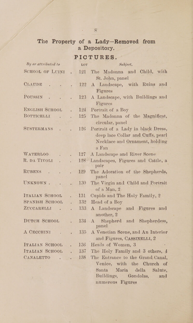 &amp; By or attributed to SCHOOL OF LUINI CLAUDE POUSSIN ENGLISH SCHOOL BOTTICELLI SUSTERMANS . WATERLOO R. DA TIVOLI RUBENS UNKNOWN . ITALIAN SCHOOL SPANISH SCHOOL ZAUCCARELLI DUTCH SCHOOL A CECCHINI ITALIAN SCHOOL ITALIAN SCHOOL CANALETTO PICTURES. LOT Subject, 121 The Madonna and Child, with St. John, panel 122 A Landscape, with Ruins and Figures | 123 A Landscape, with Buildings and Figures 124 Portrait of a Boy 125 The Madonna of the Magnificat, circular, panel 126 Portrait of a Lady in black Dress, deep lace Collar and Cuffs, pearl Necklace and Ornament, holding a Fan 127 A Landscape and River Scene 128 Landscapes, Figures and Cattle, a pair 129 The Adoration of the Shepherds, panel 130 The Virgin and Child and Portrait of a Man, 2 131 Cupids and The Holy Family, 2 132 Head of a Boy | 133 A Landscape and Figures and another, 2 134 A Shepherd and Shepherdess, panel 135 <A Venetian Scene, and An Interior and Figures, CASSINELLI, 2 136 Heads of Women, 3 137 The Holy Family and 3 ee 4 138 The Entrance to the Grand. Canal, Venice, with the Church of Santa Maria della Salute, Buildings, Gondolas, and numerous Figures