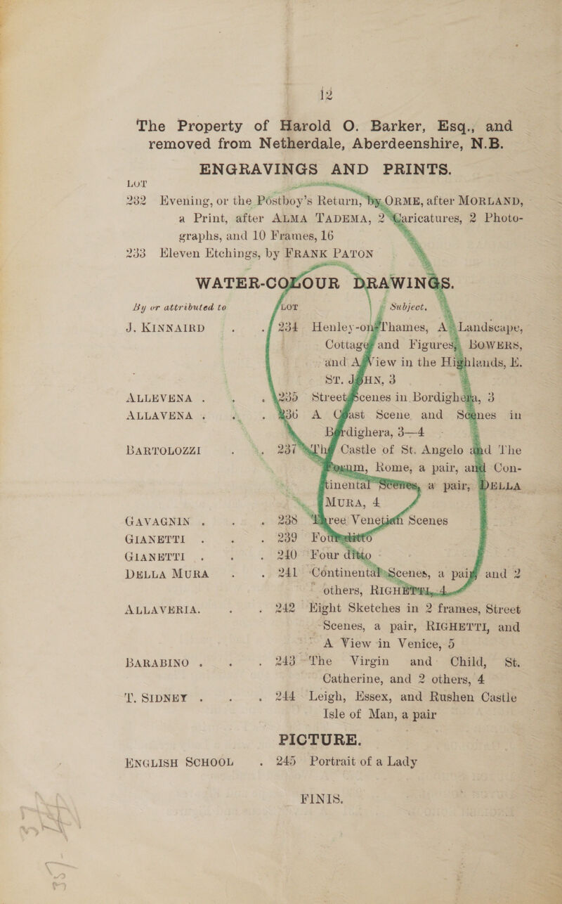 Se e- - * 12 The Property of Harold O. Barker, Esq., and removed from Netherdale, Aberdeenshire, N.B. ENGRAVINGS AND PRINTS. LOT eet 232 Hvening, or the P6stboy’ S Retur a” DY, a Print, after ALMA TADEMA, 2. “Waricatures, 2 Photo- graphs, and 10 Frames, 16 * 233 Kleven Ktchings, by FRANK PATON:           By or attrtbuted to J. KINNAIRD ALLEVENA . : ; ALLAVENA ~ ; 3 in * d The a Con- BARTOLOZZI GAVAGNIN . ‘ 2B GIANETTI 239° GIANETTI .. : . 240 TEC DELLA MURA .. . 241 -ContinentaPes ~ others, RIGHE oS ae ALLAVERIA. ; spk Hight Sketches in 2 frames, Street Scenes, a pair, RIGHETTI, and “A View in Venice, 5 — BARABINO ._. . 240 ~The &lt; Virgin and: Child, * Sh Catherine, and 2 others, 4 SIDNEY . . . 244 Leigh, Essex, and Rushen Castle Isle of Man, a pair _ PICTURE. ENGLISH SCHOOL . 245 Portrait of a Lady is and 2 FINIS.