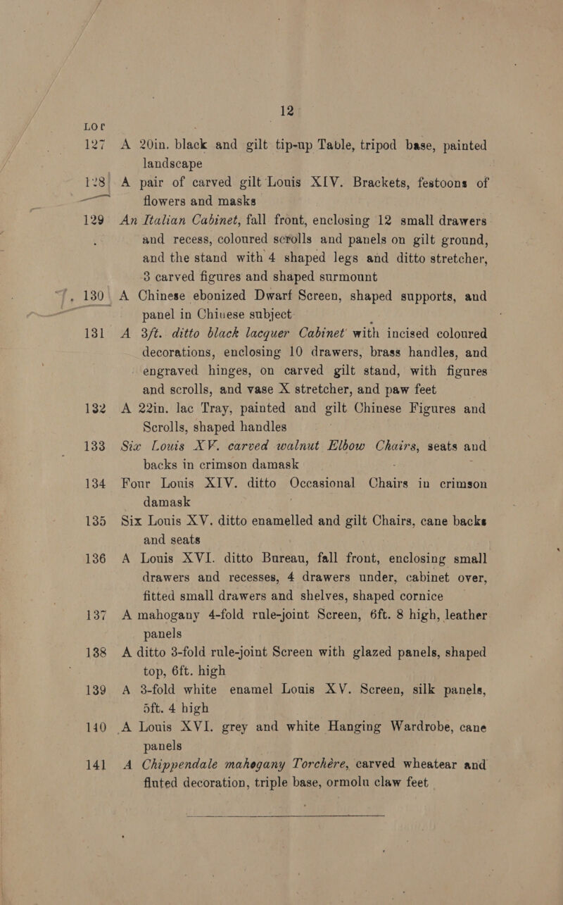 131 14] a A 20in. black and gilt tip-up Table, tripod base, painted landscape A pair of carved gilt Louis XIV. Brackets, festoons of flowers and masks An Italian Cabinet, fall front, enclosing 12 small drawers. and recess, coloured scrolls and panels on gilt ground, and the stand with 4 shaped legs and ditto stretcher, 8 carved figures and shaped surmount A Chinese ebonized Dwarf Screen, shaped supports, and panel in Chivese subject A 3ft. ditto black lacquer Cabinet with incised coloured decorations, enclosing 10 drawers, brass handles, and engraved hinges, on carved gilt stand, with figures and scrolls, and vase X stretcher, and paw feet A 22in. lac Tray, painted and gilt Chinese Figures and Scrolls, shaped handles Six Louis XV. carved walnut Elbow Chairs, seats and backs in crimson damask Four Louis XIV. ditto Occasional Chairs in crimson damask Six Louis XV. ditto enamelled and gilt Chairs, cane backs and seats A Louis XVI. ditto Bureau, fall front, enclosing small drawers and recesses, 4 drawers under, cabinet over, fitted small drawers and shelves, shaped cornice A mahogany 4-fold rule-joint Screen, 6ft. 8 high, leather panels A ditto 3-fold rule-joint Screen with glazed panels, shaped top, 6ft. high A 3-fold white enamel Louis XV. Screen, silk panels, oft. 4 high panels A Chippendale mahegany Torchére, carved wheatear and fluted decoration, triple base, ormolu claw feet _