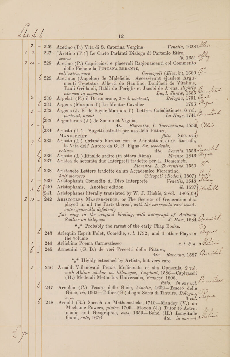   e He |       2|— 297 | | so 228 | | 4 229 | | | 2 =| 280 | | 2} 281 | 2| —| 232 | Q33 ota | | (284 J L235 l 236 C) 287 LZ 238 | || 289 | (40 4 ¢ O41 l7s| _| 242 | | 2| 248 re 244 iL | 245 ale 246 re © a7    12 er re =  Aretino (P.) Vita di 8. Caterina Vergine [Aretino (P.)] Le Carte Parlanti Dialogo di Partenio Etiro, searce 1b. 1651 Aretino (P.) Capricciosi e piacevoli Ragionamenti col Commento delle Fiche e la PuTTANA ERRANTH, calf extra, rare Aretinus (Angelus) de Maleficiis. Accesserunt ejusdem Argu- menti Tractatus Alberti de Gandino, Bonifacii de Vitalinis, Pauli Grillandi, Baldi de Periglis et Jacobi de Arena, slightly wormed in margins Lugd. Junte, 1555 Argelati (F.) il Decamerone, 2 vol. portrait, Bologna, 1751 Argens (Marquis d’) Le Mentor Cavalier 1736 Argens (J. B. de Boyer Marquis d’) Lettres Cabalistiques, 6 vol. portrait, uncut La Haye, 1741 Argenterius (J.) de Somno et Vigilia, : 4to. Florentie, L. Torrentinus, 1556 Ariosto (L.). Sugetti estratti per uso delli Pittori, MANUSCRIPT folio. SEC. xvit Ariosto (L.) Orlando Furioso con le Annotationi di G. Ruscelli, la Vita dell’ Autore da G. B. Pigna, &amp;c. woodcuts, vellum Ato. Ariosto (L.) Rinaldo ardito (in ottava Rima) Firenze, 1846 Aristea de settanta due Interpreti tradotto per L. Domenichi Fiorenza, L. Torrentino, 1550 Aristenete Lettere tradotte da un Accademico Fiorentino, half morocco Crisopoli (Bodoni, 1807) Aristophanis Comeedie A. Divo Interprete Venetits, 1548 Aristophanis. Another edition ib. 1597 Aristophanes literally translated by W. J. Hickie, 2vol. 1865-69 ARISTOTLES MastTEer-Prece, or The Secrets of Generation dis- played in all the Parts thereof, with the extremely rare wood- cuts (generally deficient) jine copy in the original binding, with autograph of Anthony Sadlier on titlepage J. How, 1684 *,* Probably the rarest of the early Chap Books. Arlequin Esprit Folet, Comédie, s. 2. 1732; and 4 other Plays in the volume . Arlichino Poema Carnevalesco Armenini (G. B.) de’ veri Precetti della Pittura, 4to. Ravenna, 1587 *,* Highly esteemed by Artists, but very rare. el Fee Arnaldi Villanovani Praxis Medicinalis et alia Opuscula, 2 vol. with Aldine anchor on titlepages, Lugduni, 1586—Capivaccii (H.) Medendi Methodus Universalis, Francof. 1606, : Solio. in one vol. Arnobio (C.) Tesoro delle Gioie, Vinetia, 1602—Tesoro delle Gioie, w?, 1662—Tallier (G:) d’ogni Sorta di Tinture, Bologna, S. a. 3 vol. Arnold (R.) Speech on Mathematicks, 1710—Mandey (V.) on Mechanic Powers, plates. 1709—Moxon (J.) Tutor to Astro- nomie and Geographie, cuts, 1659—Bond (H.) Longitude found, cuts, 1676 Ato. in one vol. cet Sal ep L a, eh dai. pedilt peer: y-B % Pan 6 op: es gle Y /, WEG Ahi A elle