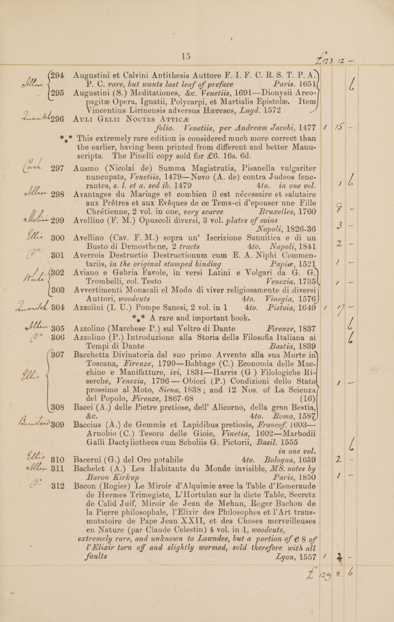 294 Augustini et Calvini Antithesis Auttore F. I. F.C. R.S. T. P.A. SMe. P. C. rare, but wants last leaf of preface Paris. 1651 295 Augustini (S.) Meditationes, &amp;c. Venetiis, 1691—Dionysii Areo- pagites Opera, Ignatii, Polycarpi, et Martialis Epistole. Item aie Vincentius Lirinensis adversus Hereses, Lugd. 1572 aeuth996 Aut Gurit Nocrms ATTICH                    folio. Venetiis, per Andream Jacobi, 1477 | / IS = : *.* This extremely rare edition is considered much more correct than the earlier, having been printed from different and better Manu- — | | - scripts. The Pinelli copy sold for £6. 16s. 6d. | feu 297 Ausmo (Nicolai de) Summa Magistrutia, Pisanella vulgariter : es ee | nuncupata, Venetiis, 1479— Nevo (A. de) contra Judeos fene- f rantes, s. 1. et a. sed ib. 1479 4to. tn one vol. | ped ofl 298 Avantages du Mariage et combien il est nécessaire et salutaire = = aux Prétres et aux Evéques de ce Tems-ci d’epouser une Fille | ! A Chrétienne, 2 vol. in one, very scarce Bruxelles, 1760 | | 2 | 7 | tf 299 Avellino (FE. M.) Opuscoli diversi, 3 vol. plates of coins ) bare Napoli, 1826-36 — ie le: 800 Avellino (Cav. F.M.) sopra un’ Iscrizione Sannitica e di un |, x6 Busto di Demosthene, 2 tracts dio. Napoli, 1841 ee ey. (“801 Averrois Destructio Destructionum cum E. A. Niphi Commen- | tariis, in the original stamped binding Papi@, 1521 — | oat J yp} [- 302 Aviano e Gabria Favole, in versi Latini e Volgari da G. G.) } | ! : Trombelli, col. Testo Venezia, 1785\) | 7.|— 303 Avvertimenti Monacali el Modo di viver religiosamente di diversi{ | Auttori, woodcuts 4to. Vinegia, 1576) | | ane 804 Azzolini (1. U.) Pompe Sanesi, 2 vol. in 1 4to. Pistoia, 1649 / | Y, oa *,* A rare and important book. | a / | HM. 305 Azzolino (Marchese P.) sul Veltro di Dante Firenze, 1887 (2° 806 Azzolino (P.) Introduzione alla Storia della Filosofia Italiana ai i | Tempi di Dante Bastia, 1889 | | 807 Bacchetta Divinatoria dal suo primo Avvento alla sua Morte in) Toscana, Hirenze, 1799—Babbage (C.) Economia delle Mac-}, Wee chine e Manifatture, 22, 183{—Harris (G ) Filologiche Ri-|. | serche, Venezia, 1796 — Obicci (P.) Condizioni dello Stato) =, — prossimo al Moto, Siena, 1838; and 12 Nos. of La Scienza/ : del Popolo, Firenze, 1867-68 (16)|) | 308 Bacci (A.) delle Pietre pretiose, dell’ Alicorno, della gran Bestia,|. poe &amp;e. 4to. Roma, 1587). tn slee©309 Baccius (A.) de Gemmis et Lapidibus pretiosis, Francof. 1603— | Arnobio (C.) Tesoro delle Gioie, Vinetia, 1602—Marbodii | Galli Dactyliotheea cum Scholiis G. Pictorii, Basil. 1555 | : Gil, in one vol.| | | *| 8310 Bacerni (G.) del Oro potabile 4to. -Bologna, 1659 | |Z! —| Mi.. 311 Bachelet (A.) Les Habitants du Monde invisible, 2S. notes by) Baron Kirkup Paris, 1850 | | 41 |  4° 312 Bacon (Rogier) Le Miroir d’Alquimie avec la Table d’Esmeraude de Hermes Trimegiste, L’ Hortulan sur la dicte Table, Secretz de Calid Juif, Miroir de Jean de Mehun, Roger Bachon de | la Pierre philosophale, l’Elixir des Philosophes et l’Art trans- | mutatoire de Pape Jean XXII, et des Choses merveilleuses | en Nature (par Claude Celestin) 4 vol. in-1, woodcuts, Bae Ps ae extremely rare, and unknown to Lowndes, but a portion of€8 of | Elixir torn off and slightly wormed, sold therefore withall Lage &amp;            