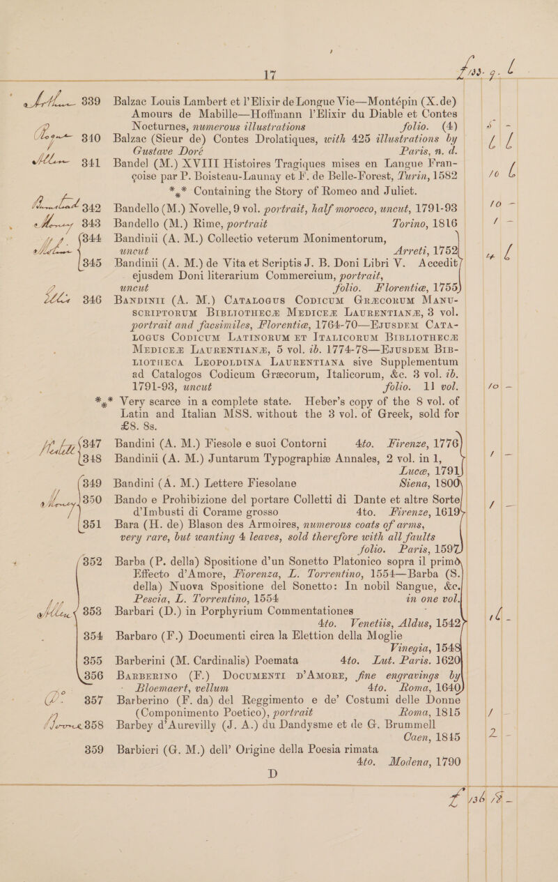 ' £4. 339 Tague 340 Malad. 349 rw y 343 4 344, 345 Ys 346 , bd eee, ES ee : fas. a a : Balzac Louis Lambert et P Elixir de Longue Vie—Montépin (X.de) Amours de Mabille—Hoffmann I’ Elixir du Diable et Contes Nocturnes, numerous illustrations folio. (A) a lee Balzac (Sieur de) Contes Drolatiques, with 425 illustrations by a i, Gustave Doré Paris, n. d. Bandel (M.) XVIII Histoires Tragiques mises en Langue I'ran- / goise par P. Boisteau-Launay et I’. de Belle-Forest, Turn, 1582 76 *,* Containing the Story of Romeo and Juliet. | Bandello (M.) Novelle, 9 vol. portrait, half morocco, uncut, 1791-93 | eee Bandello (M.) Rime, portrait Torino, 1816 ee Bandini (A. M.) Collectio veterum Monimentorum, uncut Arreti, 1752 om if Bandinii (A. M.) de Vita et Scriptis J. B. Doni Libri V. Accedit _ ejusdem Doni literarium Commercium, portrait, uncut folio. Florentia, 1755 Banpinit (A. M.) Caratogus Copicum Gracorum Manv- ScRIPTORUM BrsiiotHEcH Merpicez Lavrenriana, 8 vol. portrait and facsimiles, Florentie, 1764-70—Hsusprm Cata- Logus Copicum Latinorum ET JTaLIcoRUM BIBLIOTHECE Mepice® LavrEentiana, 5 vol. ib. 1774-78—EsuspEm Brs- LIOTHECA LEoponpina LavuRENTIANA sive Supplementum ad Catalogos Codicum Grecorum, Italicorum, &amp;c. 3 vol. 7. — 1791-98, uncut folio: ll vol. | |/e|- Iki i 348 349 f Vlosey 350 351 (D2 3887 Vee 359 Latin and Italian MSS. without the 3 vol. of Greek, sold for £8. 8s. | Bandini (A. M.) Fiesole e suoi Contorni Ato. Firenze, 1776) Bandini (A. M.) Juntarum Typographie Annales, 2 vol. in 1, | Luce, 1791) Bandini (A. M.) Lettere Fiesolane Siena, 1800\ Bando e Prohibizione del portare Colletti di Dante et altre Sorte|. Oa oe d’Imbusti di Corame grosso 4to. Mrenze, 16197, | Bara (H. de) Blason des Armoires, numerous coats of arms, very rare, but wanting 4 leaves, sold therefore with all faults folio. Paris, 159) Barba (P. della) Spositione d’un Sonetto Platonico sopra il primd, Effecto d’Amore, Miorenza, L. Torrentino, 1554—Barba (S.]. della) Nuova Spositione del Sonetto: In nobil Sangue, &amp;e. Pescia, L. Torrentino, 1554 an one vol.) Barbari (D.) in Porphyrium Commentationes | 4to. Venettis, Aldus, 1542? Barbaro (F.) Documenti circa la Elettion della Moglie Vinegia, 1543) — Barberini (M. Cardinalis) Poemata 4to. Lut. Paris. 1620 BarBertno (F.) Documrntir pD’AMORE, fine engravings by Bloemaert, vellum 4to. oma, 1640) Barberino (F. da) del Reggimento e de’ Costumi delle Donne | (Componimento Poetico), portrait Homa, 1815 | |/ Barbey d’Aurevilly (J. A.) du Dandysme et de G. Brummell Caen, 1845 © 2 |-       ae Barbieri (G. M.) dell’ Origine della Poesia rimata | Ato. Modena, 1790 —   See a= Se te ie 3 6 /3 ' ‘ | |