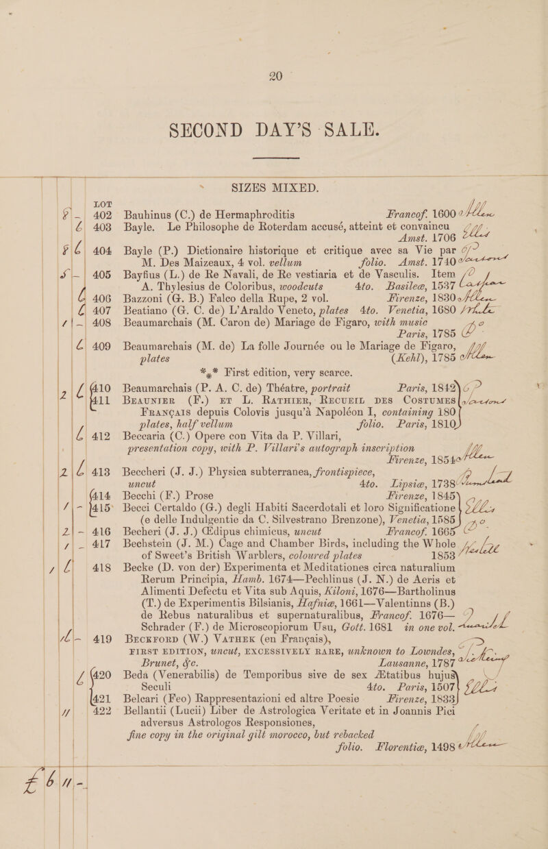       4.10 || at ee (0 412 f\ | 2 |é 413 | | |@ua (7) (415 |2|~| 416 || | 47 Z| fl 418 | | | 419            20 SECOND DAY’S SALH.  - SIZES MIXED. Bauhinus (C.) de Hermaphroditis Francof: 1600 wll: Bayle. Le Philosophe de Roterdam accusé, atteint et convaincu / Amst. 1706 Bayle (P.) Dictionaire historique et critique avec sa Vie par M. De Maizeaux, 4 vol. in ; folio. Amst. ee Bayfius (L.) de Re N; avali, de Re vestiaria et de Vasculis. Item /2 A. Thylesius de Coloribus, woodcuts 4to. Basilee, 1537 lavfoe Bazzoni (G. B.) Falco della Rupe, 2 vol. Firenze, 1830 Beatiano (G. C. de) L’Araldo Veneto, plates 4to. Venetia, 1680 ee me Beaumarchais (M. Caron de) Mariage de Figaro, with music He Paris, 1785 G&amp;G Beaumarchais (M. de) La folle Journée ou le Mariage de Figaro, Se... plates (Kehl), 1785 *,* First edition, very scarce. Beaumarchais (P. A. C. de) Théatre, portrait Paris, 1842) 6 ? Beaunrer (F.) Er L. Rarurer,: Recvern DES COSTUMES [ocr Francais depuis Colovis jusqu’a Napoléon I, containing 180 plates, half vellum folio. Paris, 1810 Beccaria (C.) Opere con Vita da P. Villari, resentation copy, with P. Villarv’s autograph inscription fe Firenze, 19540enw Beccheri (J. J.) Physica subterranea, frontispiece, I, uncut 4to. Lipsie, 17387 Becchi (F.) Prose Firenze, 1845 (e delle Indulgentie da C. Silvestrano Brenzone), Venetia, 1585 ee Becheri (J. J.) Gdipus chimicus, uncut Francof. 1665 ¢ Bechstein (J. M.) Cage and Chamber Birds, including the Whole Ile Lu - of Sweet’s British Warblers, coloured plates 1853 Becke (D. von der) Experimenta et Meditationes circa naturalium Rerum Principia, Hamb. 1674—Pechlinus (J. N.) de Aeris et Alimenti Defectu et Vita sub Aquis, Kilonz, 1676—Bartholinus (T.) de Experimentis Bilsianis, Hafnie, 1661—Valentinns (B.) de Rebus naturalibus et supernaturalibus, Francof. 1676— on a Schrader (F.) de Microscopiorum Usu, Gott.1681 in one vol. BrecKrorp (W.) VaTHEK (en Frangais), FIRST EDITION, wncut, EXCESSIVELY RARE, unknown to Lowndes, aS Brunet, fe. Lausanne, 1787 Beda (Venerabilis) de Temporibus sive de sex Atatibus ‘hujua - Seeuli 4to. Paris, 1507 Belcari (Feo) Rappresentazioni ed altre Poesie- Firenze, oD Bellantii (Lucii) Liber de Astrologica Veritate et in Joannis Pici adversus Astrologos Responsiones, jine copy m the original gilt morocco, but rebacked MW folio. Florentie, 1498 /