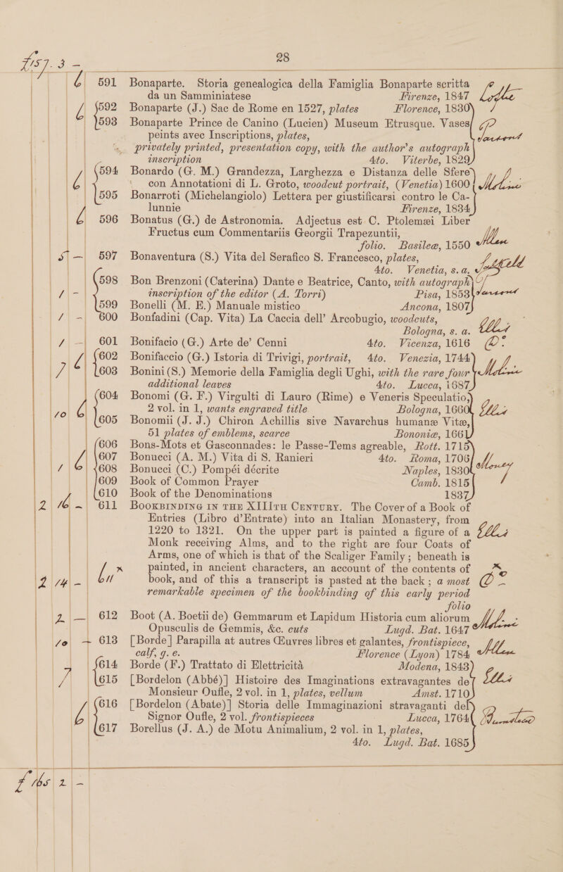    Bonaparte. Storia genealogica della Famiglia Bonaparte scritta da un Samminiatese Firenze, 1847 Liflec Bonaparte (J.) Sac de Rome en 1527, plates Florence, 1830 Bonaparte Prince de Canino (Lucien) Museum Etrusque. Vases/ 777 peints avec Inscriptions, plates, ye privately printed, presentation copy, with the author's autograph enseription 4to. Viterbe, 1829 Bonardo (G. M.) Grandezza, Larghezza e Distanza delle Sfere’) y, «con Annotationi di L. Groto, woodcut portrait, (Venetia) 1600 Nb « Bonarroti (Michelangiolo) Lettera per giustificarsi contro le Ca-    lunnie Firenze, 1884 Bonatus (G.) de Astronomia. Adjectus est C. Ptolemei Liber _ Fructus cum Commentariis Georgii Trapezuntii, A folio. Basilee@, 1550 Bonaventura (S.) Vita del Serafico 8S. Francesco, plates, y 4to. Venetia, s. a. Bon Brenzoni (Caterina) Dante e Beatrice, Canto, with autograph\? _ inscription of the editor (A. Torri) Pisa, 1853\%740 Bonelli (M. E.) Manuale mistico Ancona, 1807 Bonfadini (Cap. Vita) La Caccia dell’ Arcobugio, woodcuts, UE Bologna, s. @. 2 Bonifacio (G.) Arte de’ Cenni 4to. Vicenza, 1616 (2 : Bonifaccio (G.) Istoria di Trivigi, portrait, 4to. Venezia, 1744 y 2 Bonini(S.) Memorie della Famiglia degli Ughi, with the rare four : additional leaves 4to. Lucca, i687 Bonomi (G. F.) Virgulti di Lauro (Rime) e Veneris Speculatio, 2 vol. in 1, wants engraved title Bologna, 166 Mi Bonomii (J. J.) Chiron Achillis sive Navarchus humane Vita, 51 plates of emblems, scarce Bononie, 166 Bons- Mots et Gasconnades: le Passe-Tems agreable, Rott. 171 Bonucci (A. M.) Vita di S. Ranieri 4to. toma, 1706 Bonueci (C.) Pompéi décrite Naples, 1830 Book of Common Prayer Camb. 1815 Book of the Denominations 1837 BooxBINDING IN THE XIII rH Century. The Cover of a Book of Entries (Libro d’Entrate) into an Italian Monastery, from     | | 1220 to 1821. On the upper part is painted a figure of a $l; | Monk receiving Alms, and to the right are four Coats of = Arms, one of which is that of the Scaliger Family ; beneath is , | [ * painted, in ancient characters, an account of the contents of oor Be j\.| eff book, and of this a transcript is pasted at the back ; a most = | remarkable specimen of the bookbinding of this early period   | | folio 2 — 612 Boot (A. Boetii de) Gemmarum et Lapidum Historia cum aliorum yy f. ; | Po Opusculis de Gemmis, &amp;c. cuts Lugd. Bat. 1647 vo -— 613 [Borde] Parapilla at autres Euvres libres et galantes, frontispiece, Lf i calf, g. é. Florence (Lyon) 1784 2, | $614 Borde (F.) Trattato di Elettricita Modena, 1843 vA 615 [Bordelon (Abbé)] Histoire des Imaginations extravagantes de Sth : Monsieur Oufle, 2 vol. in 1, plates, vellum Amst. 1710 os [Bordelon (Abate)] Storia delle Immaginazioni stravaganti de Signor Oufle, 2 vol. frontispieces Lucca, 1764\ Yada 617 Borellus (J. A.) de Motu Animalium, 2 vol. in 1, plates, 4to. Lugd. Bat. 1685      tT EE NES SO  