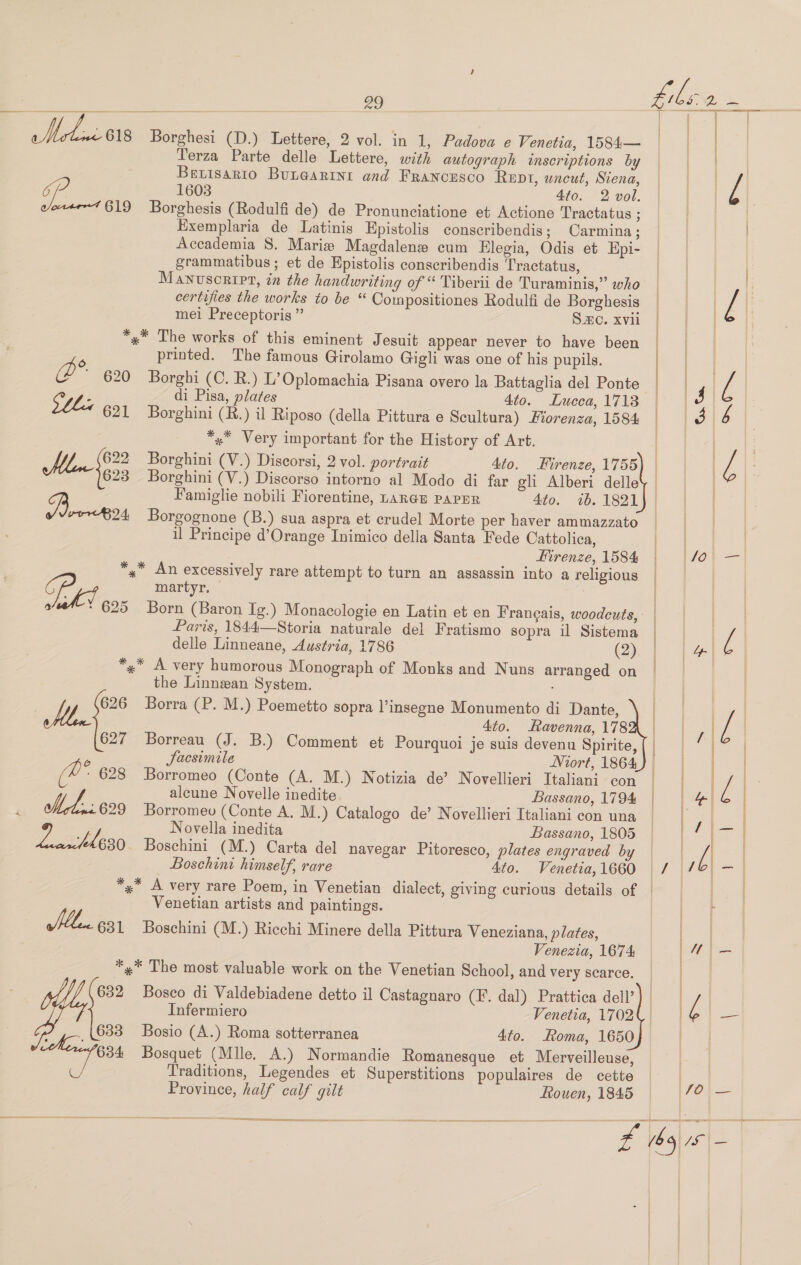 Mbi618 aN ao Terza Parte delle Lettere, with autograph inscriptions by Bevisario Bune@arini and FRANCESCO Rept, wacut, Siena, 1603 4to. 2 vol. Borghesis (Rodulfi de) de Pronunciatione et Actione Tractatus ; Exemplaria de Latinis Epistolis conscribendis; Carmina; Accademia 8. Marie Magdalene cum Elegia, Odis et Epi- grammatibus ; et de Epistolis conscribendis Tractatus, Manuscript, in the handwriting of “ Tiberii de Turaminis,” who certifies the works to be “ Compositiones Rodulfi de Borghesis mei Preceptoris ” Smo. xvii Pp 620 Lelex 91 | 622 Man (023 Drmceo1 printed. The famous Girolamo Gigli was one of his pupils. Borghi (C. R.) L’Oplomachia Pisana overo la Battaglia del Ponte di Pisa, plates 4to. Lucca, 1713 Borghini (R.) il Riposo (della Pittura e Scultura) Fiorenza, 1584 *»* Very important for the History of Art. Borghini (V.) Discorsi, 2 vol. portrait 4to. Firenze, 1755 Borghini (V.) Discorso intorno al Modo di far gli Alberi delle Famiglie nobili Fiorentine, LARGE PAPER 4to. 1b. 1821 Borgognone (B.) sua aspra et crudel Morte per haver ammazzato il Principe d’Orange Inimico della Santa Fede Cattolica, Firenze, 1584 martyr. | Paris, 1844—Storia naturale del Fratismo sopra il Sistema delle Linneane, Austria, 1786 (2) Oe tes 627 (O 628 — Ud-wz629 Lavhles. the Linnean System. Borra (P. M.) Poemetto sopra l’insegne Monumento di Dante, 4to. Favenna, 178 Borreau (J. B.) Comment et Pourquoi je suis devenu Spirite, Sacsimile Niort, 1864 Borromeo (Conte (A. M.) Notizia de’ Novellieri Italiani con alcune Novelle inedite Bassano, 1794 Borromev (Conte A. M.) Catalogo de’ Novellieri Italiani con una Novella inedita Bassano, 1805 Boschini (M.) Carta del navegar Pitoresco, plates engraved by Boschini himself, rare 4to. Venetia, 1660 ll. 631 Venetian artists and paintings. Boschini (M.) Ricchi Minere della Pittura Veneziana, plates, Venezia, 1674 632 633 Aeros Bosco di Valdebiadene detto il Castagnaro (F. dal) Prattica dell’ Infermiero Venetia, 1702 Bosio (A.) Roma sotterranea 4to. Roma, 1650 Bosquet (Mlle. A.) Normandie Romanesque et Merveilleuse, Traditions, Legendes et Superstitions populaires de cette Province, half calf gilt ftouen, 1845                       