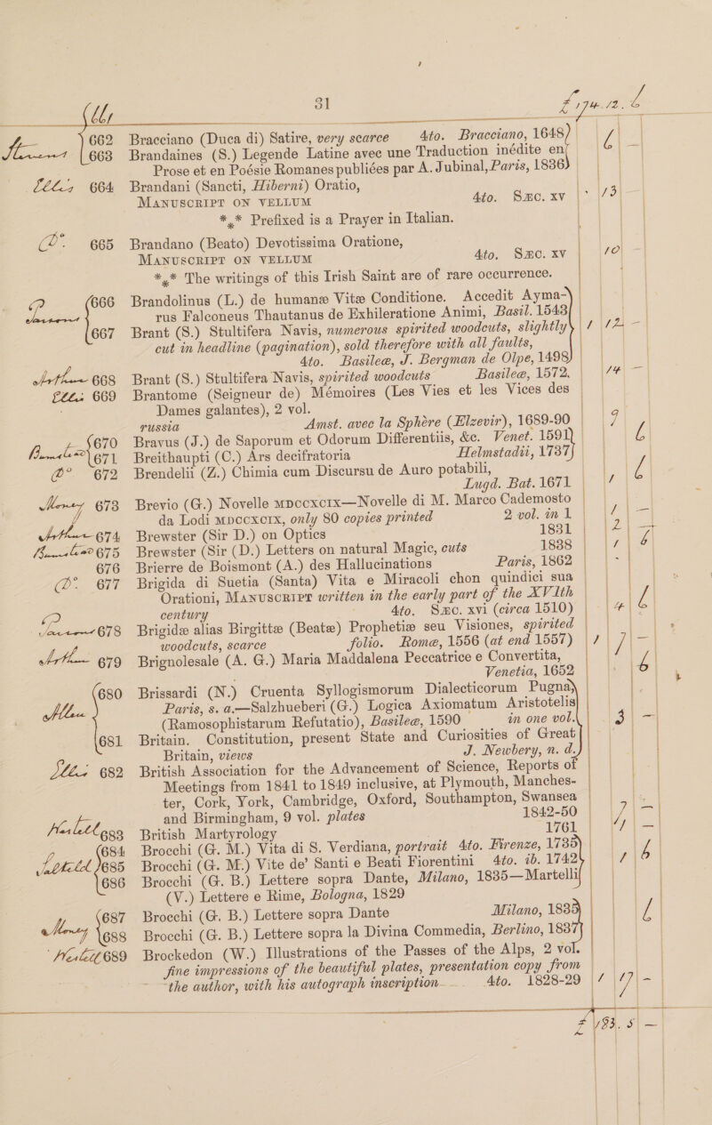   = | 4 662 Bracciano (Duca di) Satire, very scarce Ato. Bracciano, 1648/) 7 663 Brandaines (S.) Legende Latine avec une Traduction inédite en Prose et en Poésie Romanes publiées par A. Jubinal, Parvs, 1836 lll; 664 Brandani (Sancti, Hiberni) Oratio, bad MANUSCRIPT ON VELLUM 4to. Smo.xv |° 79 *,* Prefixed is a Prayer in Italian. i aal fo | (eS SO arn OD (op) (3) | Brandano (Beato) Devotissima Oratione, MANUSCRIPT ON VELLUM 4to. Smo. XV 10) —| *,* The writings of this Irish Saint are of rare occurrence. a) 666 Brandolinus (L.) de humane Vite Conditione. Accedit Ayma- le ae el   rus Falconeus Thautanus de Exhileratione Animi, Basil.1543/) 0 667 Brant (S.) Stultifera Navis, nwmerous spirited woodcuts, slightly / A ae cut in headline (pagination), sold therefore with all faults, | 4to. Basilee, J. Bergman de Olpe, 1498) het 668 Brant (S.) Stultifera Navis, spirited woodcuts Basilee, 1572.) |\7*\ 2¢z.: 669 Brantome (Seigneur de) Mémoires (Les Vies et les Vices des | | Dames galantes), 2 vol. a)  PUSSLA Amst. avec la Sphére (Elzevir), 1689-90 fats 670 Bravus (J.) de Saporum et Odorum Differentiis, &amp;c. Venet. a7 Pal Li Yen) 671 Breithaupti (C.) Ars decifratoria Helnstadii, 1737) @° 672 Brendelii (Z.) Chimia cum Discursu de Auro potabili, E a | Lugd. Bat. 1671 | ae  “ 673 Brevio (G.) Novelle mpcexcrx—Novelle di M. Marco Cademosto | ; ff da Lodi mpccxorx, only 80 copies printed Qvol.inl | |4 | 7 Athen 674 Brewster (Sir D.) on Optics 1831 | | 2\—+ f.....422675 Brewster (Sir (D.) Letters on natural Magic, cuts 1888 | |/ | é 676 Brierre de Boismont (A.) des Hallucinations Paris, 1862 | |-| | (@©* 677 Brigida di Suetia (Santa) Vita e Miracoli chon quindici sua | | | / Orationi, Manuscript written in the early part of the AVE i \ | / fo century = Ato. Smo. xvi (circa 1510) | [4|&amp;| oe ere Brigide alias Birgitte (Beate) Prophetiz seu Visiones, sperited ieee eee de woodcuts, scarce folio. Rome, 1556 (at end 1557) | 7i—| 679 Brignolesale (A. G.) Maria Maddalena Peccatrice e Convertita, Penton Venetia, 1652 680 Brissardi (N.) Cruenta Syllogismorum Dialecticorum Pugna} Silex Paris, s. a.—Salzhueberi (G.) Logica Axiomatum Aristotelis (Ramosophistarum Refutatio), Basilee, 1590 im one vol. 681 Britain. Constitution, present State and Curiosities of Great Britain, views J. Newbery, n. d. Dhl. 682 British Association for the Advancement of Science, Reports of Meetings from 1841 to 1849 inclusive, at Plymouth, Manches- i DS   ter, Cork, York, Cambridge, Oxford, Southampton, Swansea | |. Vo Lit and Birmingham, 9 vol. plates 1842-50 | me | = “tet 693 «British Martyrology | 176k | [7 =|] 684 Brocchi (G. M.) Vita di 8. Verdiana, portrait Ato. Firenze, 1735) | i betel 685 Brocchi (G. M.) Vite de’ Santi e Beati Fiorentini 4¢0. ib.17424) = 7 |9 | 686 Brocchi (G. B.) Lettere sopra Dante, Milano, 1835— Martelli i eel (V.) Lettere e Rime, Bologna, 1829 cs | 687 Brocchi (G. B.) Lettere sopra Dante Milano, 188 | honey 688 Brocchi (G. B.) Lettere sopra la Divina Commedia, Berlino, 188 ‘Henli~689 Brockedon (W.) Illustrations of the Passes of the Alps, 2 vol. | fine impressions of the beautiful plates, presentation copy from | ie ‘the author, with his autograph mscription. Ato. 1828-29 | 7 uy ie | 