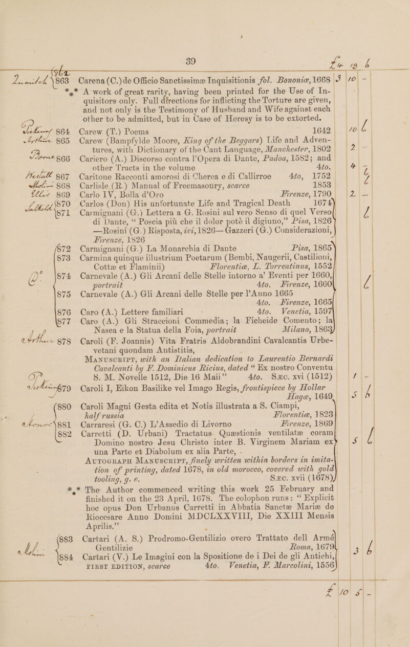  Gp a 864 Ate 865 Thome 366 ss 867 Hole 868 btb.7 869 ? 4-44 $870 Jo S71 872 873 Q: 874, 875 876 877 quisitors only. Full directions for inflicting the Torture are given, | and not only is the Testimony of Husband and Wife against each other to be admitted, but in Case of Heresy is to be extorted. Carew (T.) Poems ~ 1642 | Carew (Bampfylde Moore, King of the Beggars) Life and Adven- tures, with Dictionary of the Cant Language, Manchester, 1802 | Cariero (A.) Discorso contra l’Opera di Dante, Padoa, 1582; and other Tracts in the volume Ato. Caritone Racconti amorosi di Cherea e di Callirroe Ato, 1752. Carlisle (R.) Manual of Freemasonry, scarce 1858 | Carlo IV, Bolla d’Oro Firenze, 1790,         Carlos (Don) His unfortunate Life and Tragical Death 1674) Carmignani (G@.) Lettera a G. Rosini sul vero Senso di quel Verso; di Dante, ‘“ Poscia pit che il dolor pote il digiuno,” Pisa, 1826} —Rosini (G.) Risposta, zvz, 1826— Gazzeri (G.) Considerazioni, Firenze, 1826 — Carmignani (G.) La Monarchia di Dante Pisa, 1865 Carmina quinque illustrium Poetarum (Bembi, Naugerii, Castilioni, } Cotte et Flaminii) Florentie, L. Torrentinus, 1552) Carnevale (A.) Gli Arcani delle Stelle intorno a’ Eventi per 1660,| portrait 4to. Hirenze, 1660 Carnevale (A.) Gli Arcani delle Stelle per l’Anno 1665 Ato. Firenze, 1665) Caro (A.) Lettere familiari Ato. Venetia, 1597) Caro (A.) Gli Straccioni Commedia; la Ficheide Comento; la\ Nasea e la Statua della Foia, portrait Milano, 1863) Caroli (F. Joannis) Vita Fratris Aldobrandini Cavalcantis Urbe-_ vetani qguondam Antistitis, : Manuscript, with an Italian dedication to Laurentio Bernard Cavalcanti by F. Dominicus Ricius, dated “ Ex nostro Conventu S. M. Novelle 1512, Die 16 Mau” 4to. Smo. xvi (1512) Caroli I, Eikon Basilike vel Imago Regis, frontispiece by Hollar      Hage, 1649. Caroli Magni Gesta edita et Notis illustrata a 8. Ciampi, | half russia 7 Florentie, 1823} Carraresi (G. C.) L’Assedio di Livorno Firenze, 1869 Carretti (D. Urbani) Tractatus. Questionis ventilate coram Domino nostro Jesu Christo inter B. Virginem Mariam ex una Parte et Diabolum ex alia Parte, . | Avtroograrn Manuscript, finely written within borders in imita- tion of printing, dated 1678, in old morocco, covered with gold) tooling, g. é. Smo. xvii (1678) (883 ht. \ss  finished it on the 23 April, 1678. The colophon runs: “ Explicit hoc opus Don Urbanus Carretti in Abbatia Sancte Marie de Riocesare Anno Domini MDCLXXVIII, Die XXIII Mensis A prilis.”’ y Cartari (A. 8S.) Prodromo-Gentilizio overo Trattato dell Armé) Gentilizie Roma, 1679t Cartari (V.) Le Imagini con Ja Spositione de i Dei de gli Antichi, FIRST EDITION, scarce 4to. Venetia, &amp;. Marcolini, 1556  i ce a \3 :