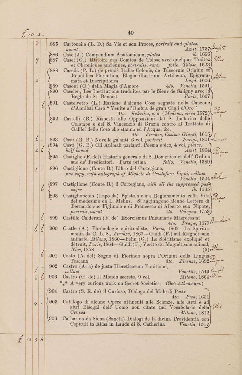   Cartouche (L. D.) Sa Vie et son Proces, portrait and plates, Tay | uncut Amst. 1737Moglit (886 Case (J.) Compendium Anatomicum, plates ib. 1696 7 —| 887 Casel (G.) Histoire des Comtes de Tolose avec quelques Traitez 1 et Chroniques anciennes, portraits, rare, folio. Tolose, 1623 888 Casella (P. L.) de primis Italie Colonis, de Tuscorum Origine et Republica Florentina, Elogia illustrium Artificum, Epigram-/ //7,_   | mata et [nscriptiones LInugd. 1606 {889 Casoni (G.) della Magia d’A more Ato. Venetia, 1591 (890 Cassien, Les Institutions traduites par le Sieur de Saligny avec la : Regle de St. Benoist Paris, 1667 A 91 Castelvetro (L.) Razione d’aleune Cose segnate nella Canzone d’Annibal Caro “ Venite al’Ombra de gran Gigli d’Oro”’ P Ato. Kekrika, s. a. (Modena, circa 1572)\ ¢ i 892 Castelli (B.) Risposta alle Opposizioni del 8. Ludovico delle Colombe e del 8. Vincenzio di Grazia contro al Trattato di Galilei delle Cose che stanno st l’Acqua, &amp;c. 4to. Firenze, Cosimo Giunti, 1615 | 893 Casti (G. B.) Novelle galanti, 6 vol. portrait Parigi, 1801 Va+e4 (894 Casti (G. B.) Gli Animali parlanti, Poema epico, 4 vol. plates, ; half bound Amst. 1804 Ai yom 895 Castiglio (J. del) Historia generale di 8. Domenico et dell’ Ordine suo de’ Predicatori. Parte prima folio. Venetia, 1589 896 Castiglione (Conte B.) Libro del Cortegiano, Jine copy, with autograph of Michele di Cristoforo Lippi, vellum xe Venetia, 1544 897 Castiglione (Conte B.) il Cortegiano, with all the suppressed pas? sages | 7b. 1565 898 Castiglionchio (Lapo da) Epistola o sia Ragionamento colla Vita R, aE del medesimo da L. Mehus. Si aggiungono alcune Lettere di i. Bernardo suo Figliuolo e di Francesco di Alberto suo Nipote, portrait, uncut 4to. Bologna, 1753 899 Castillo Calderon (F. de) Exorcismus Pneumatis Macrocosmi = 4io. Praga, tery Aenea 900 Castle (A.) Phrénologie spiritualiste, Paris, 1862—La Spirito- mania da C. L. 8., Firenze, 1867 —Guidi (F.) sul Magnetismo animale, Mtlano, 1860—Pelin (G,) Le Spiritisme expliqué et   détruit, Paris, 1864—Guidi(F.) Verité du Magnétisme animal, ut : Nice, 1858 (5)eh 901 Casto (A. del) Sogno di Fiorindo sopra l’Origini della Lingua Toscana Ato. Hirenze, 1692 * ois 902 Castro (A. a) de justa Hereticorum Punitione, Af vellum Venettis, 1549  | 903 Castro (G. de) Il Mondo secreto, 9 vol. Milano, 1864+ : *,* A very curious work on Secret Societies. (See Atheneum.) (904 Castro (S. R. de) il Curioso, Dialogo del Male di Peste Ato. Pisa, 1631 905 Catalogo di aleune Opere attinenti alle Scienze, alle Arti e ad altri Bisogni dell’ Uomo non citate nel Vocabolario della : Crusea Milano, 1812 _\906 Catharina da Siena (Sancta) Dialogi de la divina Providentia con Capituli in Rima in Laude di S. Catherina Venetia, 1517                  