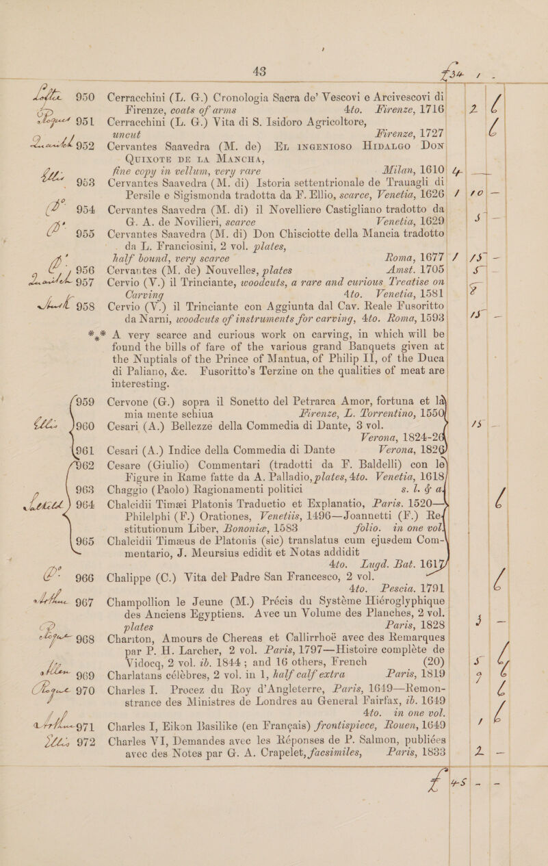 Mle ong (2 954 (955 2 Gy wk 958 43  Cerracchini (L. G.) Cronologia Sacra de’ Vescovi e Arcivescovi di) Firenze, coats of arms 4to. Firenze, 1716) | Cerracchini (L. G.) Vita di S. Isidoro Agricoltore, | uncut | Firenze, 1727 Cervantes Saavedra (M. de) Ex inaentoso Hrpateo Don Quixote DE LA Mancna, rt ole fine copy in vellum, very rare . Milan, 1610) g&amp;.\ | Cervantes Saavedra (M. di) Istoria settentrionale de Trauagli di Persile e Sigismonda tradotta da F. Ellio, scarce, Venetia, 1626 / 70 Cervantes Saavedra (M. di) il Novelliere Castigliano tradotto da.     | 4 | G. A. de Novilieri, scarce Venetia, 1629, | J | a Cervantes Saavedra (M. di) Don Chisciotte della Mancia tradotto) ' . da L. Franciosini, 2 vol. plates, : . half bound, very scarce Roma, 1677 / |/5 — Cervantes (M. de) Nouvelles, plates Amst. T708\ 1 § | = Cervio (V.) il Trinciante, woodcuts, a rare and curious Treatise on ge Carving Ato. Venetia, 1581. | | Cervio (V.) il Trinciante con Aggiunta dal Cav. Reale Fusoritto          da Narni, woodcuts of instruments for carving, 4to. Roma, 1593 ! 1s} — *,* A very scarce and curious work on carving, in which will be found the bills of fare of the various grand Banquets given at the Nuptials of the Prince of Mantua, of Philip II, of the Tee di Paliano, &amp;e. Fusoritto’s Terzine on the qualities of meat are’ interesting. | | 959 Cervone (G.) sopra il Sonetto del Petrarea Amor, fortuna et la mia mente schiua Firenze, L. Torrentino, 1550, tl, }960 Cesari (A.) Bellezze della Commedia di Dante, 3 vol. | {75 4 Verona, 1824-2 (961 Cesari (A.) Indice della Commedia di Dante Verona, 182@) 62 Cesare (Giulio) Commentari (tradotti da F. Baldelli) con le) Figure in Rame fatte da A. Palladio, plates, 4to. Venetia, 1618) aa | 963 Chaggio (Paolo) Ragionamenti politici s. lL. &amp; af! Lehith 964 Chalcidii Timei Platonis Traductio et Explanatio, Paris. 1520—+ | f| Philelphi (F.) Orationes, Venetiis, 1496—Joannetti (F.) Req) stitutionum Liber, Bononie, 1583 folio. inonevolh\| | boty 965 Chalcidii Timeus de Platonis (sic) translatus cum ejusdem Com-\ | | | ‘ mentario, J. Meursius edidit et Notas addidit | hes pe 4to. Lugd. Bat. 161 | a] ¢- 966 Chalippe (C.) Vita del Padre San Francesco, 2 vol. | lA 4to. lo | Pescia. 1791 | Champollion le Jeune (M.) Précis du Systeme Hides gly pita des Anciens Egyptiens. Avec un Volume des Planches, 2 vol. plates Paris, 1828 | Chariton, Amours de Chereas et Callirrhoé avec des Remarques par P. H. Larcher, 2 vol. Paris, 1797—Histoire complete de | Vidoeg, 2 vol. 2b. 1844; and 16 others, French (20) | Charlatans célébres, 2 vol. in 1, half calf extra Paris, 1819 | Charles I. Procez du Roy d’Angleterre, Paris, 1649—Remon- | strance des Ministres de Londres au General Fairfax, 2b. 1649 |    4to. in one vol. Charles I, Eikon Basilike (en Frangais) frontispiece, Rouen, 1649 / Charles VI, Demandes avec les Réponses de P. Salmon, publiées) avec des Notes par G. A. Crapelet, facsimiles, Paris, 1883, 2 — eee, a Daan |  Teese a ree