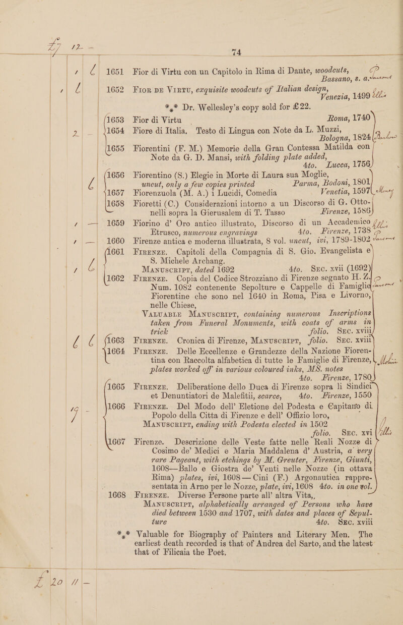1667 | 1668 ee Pee es Fior di Virtu con un Capitolo in Rima di Dante, woodcuts, PP Bassano, 8. a,e&lt;1er4 Fior DE ViRtU, exquisite woodcuts of Italian design, . ie y Venezia, 1499 Lhe *,* Dr. Wellesley’s copy sold for £22. Fior di Virtu Roma, 1740 Fiore di Italia, Testo di Lingua con Note da L. Muzzi, Bologna, 1824 (AL - Fiorentini (F. M.) Memorie della Gran Contessa Matilda con Note da G. D. Mansi, with folding plate added, Ato. Lucca, 175 Fiorentino (S.) Elegie in Morte di Laura sua Moglie, ; uncut, only a few copies printed Parma, Bodoni, 1801 ¥y Fiorenzuola (M. A.) i Lucidi, Comedia Venetia, 1597 Fioretti (C.) Considerazioni intorno a un Discorso di G. a nelli sopra la Gierusalem di T. Tasso Firenze, 1586 Fiorino d’ Oro antico illustrato, Discorso di un Accademico //yy ; Ktrusco, numerous engravings Ato. Firenze, 1738 a Firenze antica e moderna illustrata, 8 vol. uncut, ivi, 1789-1802 ve“ Frrenze. Capitoli della Compagnia di 8. Gio. Evangelista e S. Michele Archang. Manuscript, dated 1692 4to. Sxc. xvii (1692) Firenze. Copia del Codice Strozziano di Firenze segnato H. Z. Num. 1082 contenente Sepolture ¢ Cappelle di Famigh Fiorentine che sono nel 1640 in Roma, Pisa e Livorno, nelle Chiese, VaLuABLE Manuscript, containing numerous Inscriptions taken from Funeral Monuments, with coats of arms m trick folio. SEc. xvil Firenze. Cronica di Firenze, Manuscrivt, folio. Sc. xvill Frrenze. Delle Eccellenze e Grandezze della Nazione Fioren- tina con Raccolta alfabetica di tutte le Famiglie di Firenze, plates worked off in various coloured inks, MS. notes              Lugo ¢Y Ato. Firenze, 1780 Firenze. Deliberatione dello Duca di Firenze sopra li Sindici et Denuntiatori de Malefitii, scarce, Ato. Firenze, 1550 Firenze. Del Modo dell’ Eletione del Podesta e Capitano di Popolo della Citta di Firenze e dell’ Offizio loro, Manvuscrirt, ending with Podesta elected in 1502 folio. SEC. xvi Firenze. Descrizione delle Veste fatte nelle Reali Nozze di Cosimo de’ Medici e Maria Maddalena d’ Austria, a very rare Pageant, with etchings by M. Greuter, Hirenze, Gruntz, 1608—Ballo e Giostra de’ Venti nelle Nozze (in ottava Rima) plates, ivi, 1608 — Cini (F.) Argonautica rappre- sentata in Arno per le Nozze, plate, ivi, 1608 4to. in one yol. FIRENZE. Diverse Persone parte all’ altra Vita, Manuscript, alphabetically arranged of Persons who have died between 1530 and 1707, with dates and places of Sepul- ture 4to. SEc. xviil Valuable for Biography of Painters and Literary Men. The earliest death recorded is that of Andrea del Sarto, and the latest: that of Filicaia the Poet, Se AE EES STRSTR NETS Seine eeneine ennai nai aicameemmemiitcametias eee ceemeeeeenoe ates coaeanscoo eae