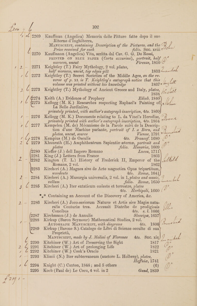 es  jl 206 | } | 4 |Z | Manusoript, containing Description of the Pictures, and the SB Ps PRINTED ON BLUE PAPER (Carta azzurina), portrait, half half morocco, uncut, top edges gilt i volume was printed without his knowledge 1837 whl lt ii Kellogg (M. K.) Researches respecting Raphael’s Painting of(4 Vis Kellogg (M. K.) Documents relating to L. da Vinci’s Herodias, ° Kempelen (M. de) Mécanisme de la Parole suivi de la Descrip- aad Francof. 1680—/* = Kauffman (Anoelina'y “Memorin delle Bittune fatte dopo. eS suo dtitorno d’Inghilterra, Price received Sor each folio. SEc. xviii Kauffmann (Angelica) Vita, scritta dal Cav. G. G. De Rossi, : morocco, uncut Firenze, 1810 @ | Keightley (T.) Fairy Mythology, 2 vol. plates, 1833 Sage S Keightley (T.) Secret Societies of the Middle Ages, on the re- verse of p. X1.1s T. Keightley’s autograph notice that this Keightley (T.) Mytholog gy of Ancient Greece and Italy, Pies, we til Keith (A.) Evidence of Prophecy Edinb. i La Belle Jardiniére, privately printed, with author? s autograph inscription, 4to. 1860) — privately printed with author's autograph inscription, 4to. 1864 a tion d’une Machine parlante, portrait of I. a Born, and ~ plates, uncut, scarce Vienne, ‘1791 Ato. Khunrath (H.) Amphitheatrum Sapientize sterne, portrait and (p' plates Solio. Hanovia, 1609 Kieffer (J.) dell Impero Romano Lucea, yd King (J.) Letters from France 1803 vA de Kington (T. L.) History of Frederick II, Emperor of the thd. Romans, 2 vol. 1862 Kircheri (A.) Magnes sive de Arte magnetica Opus tripartitum, woodcuts Ato. Rome, 1641 Kircheri (A.) Musurgia universalis, 2 vol. in 1, plates and music, g} re 7 vellum folio. ftome, 1650 ~«&lt;*~ Kircheri (A.) Iter extaticum coeleste et terrestre, plates Ape Ato. Herbipoli, 1660 ( | 2270 / aa 2271 | / é 2272 2 y, 2273 «i /\ —| 2276 4 {| 277 y 7 2278 2 L 2079 9280 9981 L - \9989 9283 | 2| —| 2284 j| C 2285 DAS ‘(2287 9288 / = | |12289 eA 2990 2 € 2291 , € 2999 /\ 1 3208 IZ 9294 2295 fir Accessit Diatribe de prodigiosis x Mp ralis Centurie tres. Concibus Ato. s. 1. 1666 Kirchmann (J.) de Annulis Slesvig@, 1657 Kirkup (Baron Seymour) Mathematica! Studies, 2 vol. ip f a Avtograrpu Manuscript, with diagrams 4ifo,.. 1808. MH Kirkup (Barone 8.).Catalogo de Libri di Scienze occulte di sua Proprieta, 4to. Sue. xix L teb Mayuscrirr, made by J. Molini of Klorence Kitchiner (W.) Art of Preserving the Sight 1817 Kitchiner (W.) Art of prolonging Life 1822 Cp 6 Kitchiner (W.) Cook’s Oracle . 1821 ae Klimii (N.) Iter subterraneum (auctore L. Holberg), plates, ( Haffnie, 1741 k Knight (C.) Caxton, 1844; and 5 others (6) Koch (Paul de) Le Cocu, 4 vol. in 2 Gand, 1839 ~