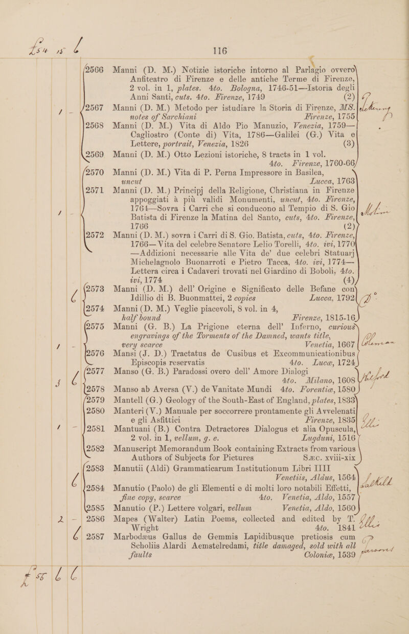         J \- | | | i } | | / = i | | | a is | | | | Ly = | Ae ] }           116 \ Manni (D. M.) Notizie istoriche intorno al Parlagio ovvero Anfiteatro di Firenze e delle antiche Terme di Firenze, 2 vol. in 1, plates. 4t¢o. Bologna, 1746-51—Istoria degli Anni Santi, cuts. 4to. Firenze, 1749 (2) Manni (D. M.) Metodo per istudiare la Storia di Firenze, IZS. notes of Sarchiant Firenze, 1755 Manni (D. M.) Vita di Aldo Pio Manuzio, Venezia, 1759— Cagliostro (Conte di) Vita, 1786—Galilei (G.) Vita e Lettere, portrait, Venezia, 1826 (3) Manni (D. M.) Otto Lezioni istoriche, 8 tracts in 1 vol. 4to. Firenze, 1760-66 Manni (D. M.) Vita di P. Perna Impressore in Basilea, uncut Lucca, 1768 Manni (D. M.) Principj della Religione, Christiana in Firenze appoggiati a piu validi Monumenti, wneut, 4to. Mirenze 1764—Sovra 1 Carri che si conducono al Tempio di 8S. Gio Batista di Firenze la Matina del Santo, cuts, 4to. Firenze 1766 (2) Manni (D. M.) sovra i Carri diS. Gio. Batista, cuts, 4to. Firenze 1766— Vita del celebre Senatore Lelio Torelli, 4¢0. 72, 1770 —Addizioni necessarie alle Vita de’ due celebri Statuary Michelagnolo Buonarroti e Pietro Tacca, 4to. ivi, 1774— Lettera circa i Cadaveri trovati nel Giardino di Boboli, 4¢o vt, 1774 (4) Manni (D. M.) dell’ Origine e Significato delle Befane con Idillo di B. Buonmattei, 2 copies Lucca, 1792 Manni (D. M.) Veglie piacevoli, 8 vol. in 4, half bound Firenze, 1815-16 Manni (G. B.) La Prigione eterna dell’ Inferno, curious engravings of the Torments of the Damned, wants title, Ws Venetia, 1667 a (B- very scarce Mansi (J. D.) Tractatus de Cusibus et Excommunicationibus Episcopis reservatis 4to. Luce, 1724 Manso (G. B.) Paradossi overo dell’ Amore Dialogi fe L ‘Milano, 1608 V4 4to. Manso ab Aversa (V.) de Vanitate Mundi 4to. Forentie, 1580 2 Mantell (G.) Geology of the South-East of England, plates, 1833 Manteri(V.) Manuale per soccorrere prontamente gli Avvelenati e gli Asfittici Firenze, 1885 Mantuani (B.) Contra Detractores Dialogus et alia Opuscula, 2 vol. in 1, vellum, g. e. Lugduni, 1516 Manuscript Memorandum Book containing Extracts from various Authors of Subjects for Pictures S.C. Xvili-xix Manutii (Aldi) Grammaticarum Institutionum Libri ITIL Venetiis, Aldus, 1564 Manutio (Paolo) de gli Elementi e di molti loro notabili Effetti, Jine copy, scarce Ato. Venetia, Aldo, 1557 Manutio (P.) Lettere volgari, vellum _ Venetia, Aldo, 1560 Mapes (Walter) Latin Poems, collected and edited by T. ; Wright 4to. 1841 Marbodezeus Gallus de Gemmis Lapidibusque pretiosis cum Scholiis Alardi Aemstelredami, ti¢le damaged, sold with all faults Colonie, 1539 » UY: Lith