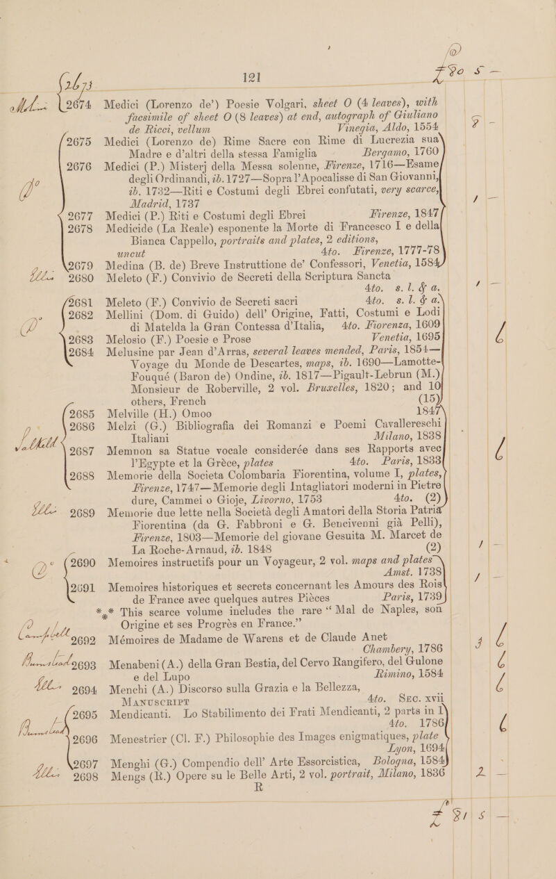 fo facsimile of sheet O (8 leaves) at end, autograph of Giuliano de Ricci, vellum Vinegia, Aldo, 1554 Madre e d’altri della stessa Famiglia Bergamo, 1760 degli Ordinandi, 2b. 1727—Sopra l’ Apocalisse di San Giovanni, ib. 1732—Riti e Costumi degli Ebrei confutati, very scarce, Madrid, 1737 Bianea Cappello, portraits and plates, 2 editions, uncut Ato. Firenze, 1777-78 c 2 Abell Ato. 8. l. &amp; a.        di Matelda la Gran Contessa d’Italia, 4¢o. Miorenza, 1609 Voyage du Monde de Descartes, maps, ib. 1690—Lamotte- Fouqué (Baron de) Ondine, 26. 1817—Pigault-Lebrun (M.) Monsieur de Roberville, 2 vol. Bruwelles, 1820; and 10 others, French (15) 2685 Melville (H.) Omoo 184 2686 Melzi (G.) Bibliografia dei Romanzi e Poemi Cavallereschi | Ttaliani Milano, 1838 2687 Memnon sa Statue vocale considerée dans ses Rapports avec l’Eeypte et la Gréce, plates 4to. Paris, 1833 2688 Memorie della Societa Colombaria Fiorentina, volume I, plates,/ Firenze, 1747—Memorie degli Intagliatori moderni in Pietre|_ dure, Cammei o Gioje, Livorno, 1753 Ato. (2)) 2689 Memorie due lette nella Societa degli Amatori della Storia Patria’ | Fiorentina (da G. Fabbroni e G. Bencivenni gia Pelli), © Firenze, 1803—Memorie del giovane Gesuita M. Marcet de La Roche- Arnaud, 7b. 1848 (2) 2690 Memoires instructifs pour un Voyageur, 2 vol. maps and plates Amst. 1788] | 2691 Memoires historiques et secrets concernant les Amours des Rois\ de France avec quelques autres Piéces Paris, 1739) *.* This scarce volume includes the rare “ Mal de Naples, son | Origine et ses Progrés en France.” 2692 Mémoires de Madame de Warens et de Claude Anet | ~ Chambery, 1786 | hile. Tas a e del Lupo , Limino, 1584 2694 Menchi (A.) Discorso sulla Grazia e la Bellezza, ! Manvscripr Ato. SEO. xvil 2695 Mendicanti. Lo Stabilimento dei Frati Mendicanti, 2 parts im 1) 4to. 1786]. 2696 Menestrier (Cl. F.) Philosophie des Images enigmatiques, plate | | Lyon, 1694, | 9697 Menghi (G.) Compendio dell’ Arte Essorcistica, Bologna, 1584), 2698 Mengs (R.) Opere su le Belle Arti, 2 vol. portrait, Milano, 1836 | Ty, w&amp; i ee So |