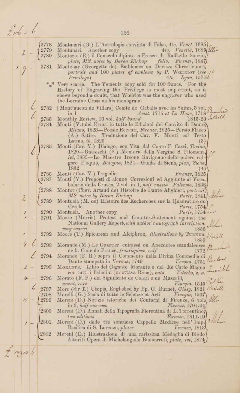 2778 Montanari (G.) L’ Astrologia convinta di Falso, 4to. Venet. 1685 rh ee 2779 Montanari. Another copy Ato. Venetia, 1685 ML (2780 Montazio (E.) il Cenacolo dipinto a Fresco di Raffaello Sanzio, er plate, MS. notes by Baron Kirkup folio. Firenze, 1847 | D | Li RTS Montenay (Georgette de) Emblemes ou Devises Chrestiennes, 7 | portrait and 100 plates of emblems by P. Watrtor (see 7? port W ” | Privilege) Ato. Lyon, 1571&amp; - *.* Very scarce. The Yemeniz copy sold for 100 francs. For the History of Engraving the Privilege is most important, as it shews beyond a doubt, that Woeiriot was the engraver who used ] the Lorraine Cross as his monogram. 2782 [ Montfaucon de Villars| Comte de Gabalis avec les Suites, 3 vol. 73 = in Amst. 1715 et La Haye, 1718¢~ ws 2 9783 Monthly Review, 10 vol. half bound | 1815-23 &amp; (2784 Monti (V.) dei Errori in tutte le Edizioni del Convito di Dante} | Milano, 18283—Poesie Recenti, Firenze, 1825— Persio Flacco (A.) Satire. Traduzione del Cav. V. Monti col Testo |} Latino, 2b. 1826 (3) 4 \2785 Monti (Cav. V.) Dialogo, con Vita dal Conte F. Cassi, Torino, 7 1829—Gatteschi (S.) Memorie della Vergine 8. Filomena,} 7 ivi, 18835—Lo Maestro Ircone Ravignano dello pulcro vul-|“— gare Eloquio, Bologna, 1824—Guida di Siena, plan, Siena, 1832 (4) 2786 Monti (Cav. V.) Tragedie Firenze, 1825 (2787 Monti (V.) Proposti di aleune Correzioni ed Aggiunte al Voca- bolario della Crusca, 2 vol. in 1, half russia Palermo, 1838 2788 Montor (Chev. Artaud de) Histoire de Dante Alighieri, portrait, 2a , MS. notes by Baron Kirkup Paris, 1841 eee — {2789 Montucla (M. de) Histoire des Recherches sur la Quadrature du Cercle 7 Paris, 1754) /° 4 — 2790 Montucla. Another copy Paris, 1754 4° / — 2791 Moore (Morris) Protest and Counter-Statement against the y National Gallery Report, with author's autograph inscription, Hb. very scarce 1855 4 —~ 2792 Moore (T.) Epicurean and Alciphron, illustrations by Turner, jy, {7 . 1839 g s 2793 Morande (M.) Le Gazetier cuirassé ou Anecdotes scandaleuses fR —~&lt; de la Cour de France, frontispiece, calf Os ae aa is 2794 Morando (F. R.) sopra il Commento della Divina Commedia di ih Dante stampata in Verona, 1749 Verona, 1751 '- 2 -— 2795 Morayrs. Libro del Gigante Morante e del Re Carlo Magno a Fes con tutti i Paladini (in ottava Rima), cuts Viterbo,.8.0.0 &lt;&lt; 4-— 2796 Morato (F. P.) del Significato de Colori e de Mazzolli, LA yf uncut, rare Vinegia, 1545/lel 4 2797 More (Sir T.) Utopia, Englished by Bp. G. Burnet, Glasg. 1821 NVealell [200 Morelli (G.) Scala di tutte le Scienze et Arti Vinegia, 156 WE /S — 12799 -Moreni (D.) Notizie istoriche dei Contorni di Firenze, 6 vol. in 3, half morocco Firenze, 1791-94 2800 Moreni (D.) Annali della Tipografia Fiorentina di L. Torrentino} f, two editions _ Mirenze, 1811-19 ea y — J2801 Moreni(D.) delle tre sontuose Cappelle Medicee nell’ Imp.{ . | Basilica di 8S. Lorenzo, plates Hirenze, 1813 {2802 Moreni (D.) Illustrazione di una rarissima Medaglia di Bindo Altoviti Opera di Michelangiolo Buonarroti, plate, ivi, 1824 ane S| i 