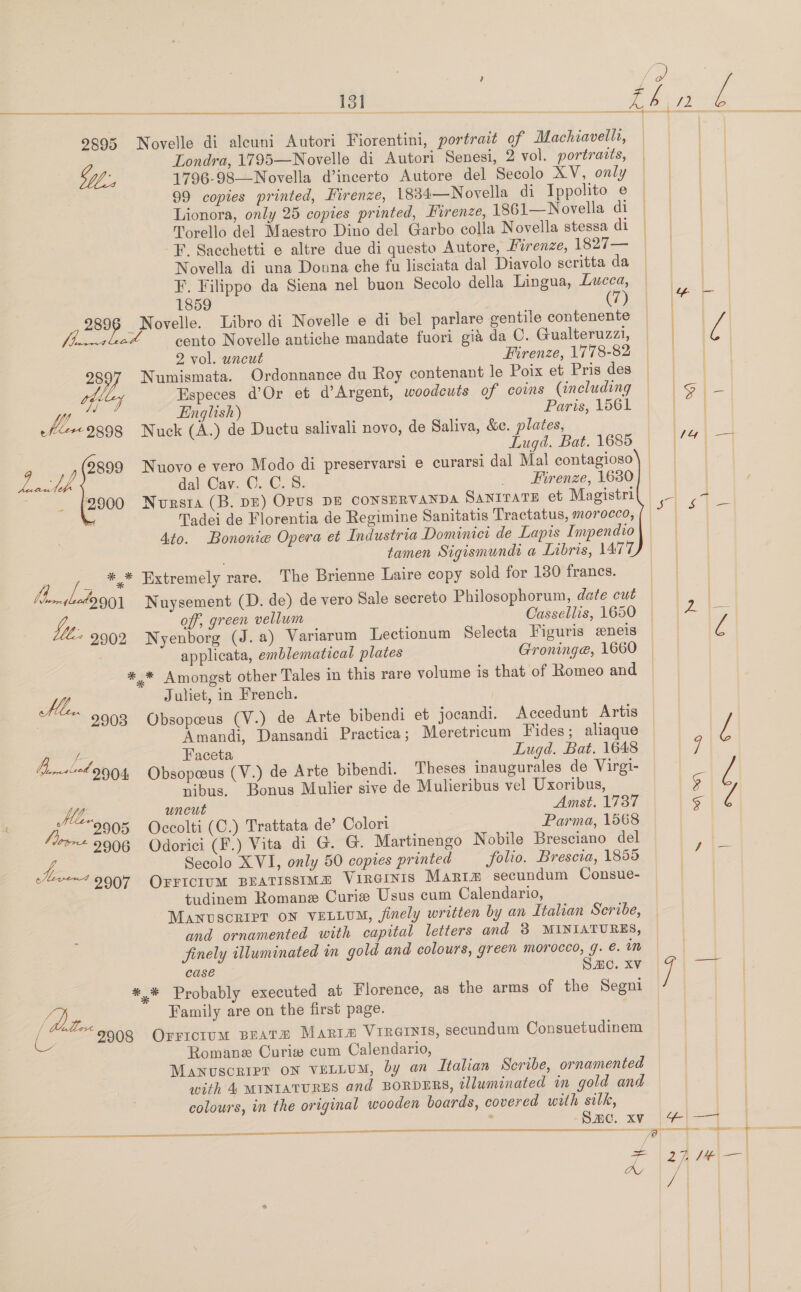 so oe  9895 Novelle di alcuni Autori Fiorentini, portrait of Machiavelli, Londra, 1795—Novelle di Autor Senesi, 2 vol. portraits, Dl, 1796-98—Novella d’incerto Autore del Secolo XV, only 99 copies printed, Firenze, 1834—Novella di Ippolito e Lionora, only 25 copies printed, Firenze, 1861—Novella di Torello del Maestro Dino del Garbo colla Novella stessa di F. Sacchetti e altre due di questo Autore, Firenze, 1827— Novella di una Donna che fu lisciata dal Diavolo seritta da F. Filippo da Siena nel buon Secolo della Lingua, Lucca, (7 1859 9896 Novelle. Libro di Novelle e di bel parlare gentile contenente ora Lee cento Novelle antiche mandate fuori gia da C. Gualteruzzi, 2 vol. uncut Firenze, 1778-82 Especes d’Or et d’Argent, woodcuts of coins (including yi, English) Paris, 1561 ef&lt;9898 Nuck (A.) de Ductu salivali novo, de Saliva, é&amp;e. plates, Lugd. Bat. 1685 9899 Nuovo e vero Modo di preservarsi e curarsi dal Mal contagioso (tees dal Cav. ©. C. 8. Firenze, 16380 2900 Nursta (B. DE) OPUS DE CONSERVANDA SANITATE et Magistri m Tadei de Florentia de Regimine Sanitatis Tractatus, morocco, Ato. Bononie Opera et Industria Dominici de Lapis Impendio tamen Sigismundi a Libris, 147 vs *,* Extremely rare. The Brienne Laire copy sold for 180 francs. (A. gledggo Nuysement (D. de) de vero Sale secreto Philosophorum, date cut wa Numismata. Ordonnance du Roy contenant le Poix et Pris des offty Yih hu off, green vellum Cassellis, 1650 2902 Nyenborg (J. a) Variarum Lectionum Selecta Figuris eneis applicata, emblematical plates Groninge, 1660 *,* Amongst other Tales in this rare volume is that of Romeo and Be Juliet, in French. | 2903 Obsopweus (V.) de Arte bibendi et jocandi. Accedunt Artis Amandi, Dansandi Practica; Meretricum Fides; aliaque 4 uae Faceta Lugd. Bat. 1648 Vimaee4 9904 Obsopous (V.) de Arte bibendi. Theses inaugurales de Virgi- nibus, Bonus Mulier sive de Mulieribus vel Uxoribus, Pt. uncut Amst. 1737 M“pons Oeccolti (C.) Trattata de’ Colori Parma, 1568 ce 9996 Odorici (F.) Vita di G. G. Martinengo Nobile Bresciano del Secolo XVI, only 50 copies printed _—_ folio. Brescia, 1855 OFFICIUM BEATISSIMH VirGINISs Martm secundum Consue- tudinem Romane Curie Usus cum Calendario, MANvscriIpt ON VELLUM, finely written by an Italian Scribe, and ornamented with capital letters and 3 MINIATURES, finely illuminated in gold and colours, green morocco, q. ©. um case SC. Xv *,.* Probably executed at Florence, as the arms of the Segni Family are on the first page. 9908 Orrictum BEATS Marrm# ViRrGINIs, secundum Consuetudinem Romane Curie cum Calendario, Mawnuscerer on vetLum, by an Italian Scribe, ornamented with 4 MINIATURES and BORDERS, illuminated in gold and colours, in the original wooden boards, covered with silk, ; Sm. xv Aa er 1200; [ deter L         | \)         j | \ | | } | | ! ql ‘) \ } i} ! i] ’ } H | 1 | i | | | | \ 1 4 | 1 1 [4 1 } | | | c | | { | | | | | i | } 1 oon ee | \ i | 4 | | | } | 7 Y Tecate | | { [eI E&gt; at —| i SANS eee | ! | | i i f i} q i | j | ( ZL. if | [oa Ses) SS