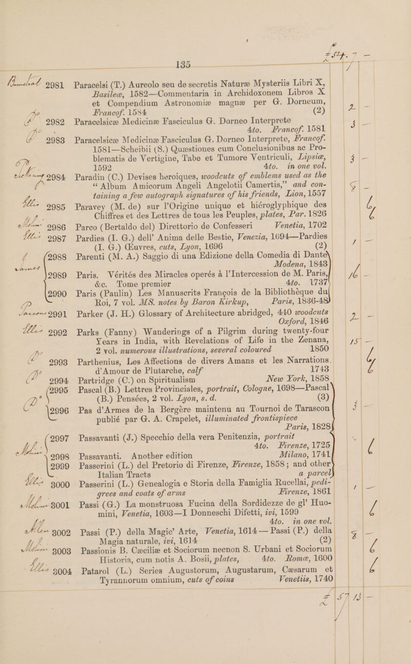 i + SZf-. 7 eee _— | Paracelsi (T.) Aureolo seu de secretis Nature Mysteriis Libri X, | Basilee, 1582—Commentaria in Archidoxonem Libros X | et Compendium Astronomia magne per G. Dorneum, |   | | ho Francof. 1584 (2) | a ae (4 2982 Paracelsicee Medicine Fasciculus G. Dorneo Interprete ee ee li Ato. Hrancof. 1581 | | ~ | (“ 92983 Paracelsicee Medicine Fasciculus G. Dorneo Interprete, Francof. 1581—Scheibii (S.) Queestiones cum Conclusionibus ac Pro- , blematis de Vertigine, Tabe et Tumore Ventriculi, Lipsie, |= 4 — O /¥ 5 a | | 3 Lf 1592 Ato. in one vol. ' eicfe~~4 9984 Paradin (C.) Devises heroiques, woodcuts of emblems used as the = hs | “Album Amicorum Angeli Angelotii Camertis,” and con-— eae het taining a few autograph signatures of his friends, Lion, 1557 aoe 2985 Paravey (M.de) sur l’Origine unique et hiéroglyphique des | [ Nf Chiffres et des Lettres de tous les Peuples, plates, Par.1826 | l 0“ 9986 Parco (Bertaldo del) Direttorio de Confesseri Venetia, 1702 | | | 2987 Pardies (I. G.) dell’ Anima delle Bestie, Venezia, 1694——Pardies (I. G.) Giuvres, cuts, Lyon, 1696 (2 | o ¢ 2988 Parenti (M. A.) Saggio di una Edizione della Comedia di Dante\ . Modena, 1843) =, 2989 Paris. Vérités des Miracles operés A l’Intercession de M. Paris, A S &amp;c. Tome premier Ago. Rae} =| *| 2990 Paris (Paulin) Les Manuscrits Frangois de la Bibliotheque du wee Roi, 7 vol. MS. notes by Baron Kirkup, Paris, 1836-4 aaa Ja&lt;+79991 Parker (J. H.) Glossary of Architecture abridged, 440 woodcuts | on. 2994 Partridge (€.) on Spiritualism New York, 1858 2995 Pascal (B.) Lettres Provinciales, portrait, Cologne, 1698—Pascal \ ‘ (B.) Pensées, 2 vol. Lyon, s. d. (8) C 2996 Pas d’Armes de la Bergére maintenu au Tournoi de Tarascon j\- ee 38001 AL 4to. in one vol. | He 3009 Passi (P.) della Magic’ Arte, Venetia, 1614 — Passi (P.) della &lt; os Mb: Magia naturale, ivi, 1614 0, 6 As Nistate Sh “ 9003 Passionis B. Cecilie et Sociorum necnon 8. Urbani et Sociorum | nee £ hy. Historia, cum notis A. Bosii, plates, 4to. Fome,1600, / 8004 Patarol (L.) Series Augustorum, Augustarum, Cesarum et | | Ze Tyrannuorum omnium, cuts of coins Venetiis, 1740, | % ene ee $$] PAS A Teles OW / = | | Oxford, 1846 | Parks (Fanny) Wanderings of a Pilgrim during twenty-four Years in India, with Revelations of Life in the Zenana, — 2 vol. numerous illustrations, several coloured 1850 | Parthenius, Les Affections de divers Amans et les Narrations. d’Amour de Plutarche, calf 1743. publié par G. A. Crapelet, dluminated frontispiece — ) | Paris, 1828 Passavanti (J.) Specchio della vera Penitenzia, portratt | 4to. Pirenze, 1725 Passavanti. Another edition Milano, 1741] Passerini (L.) del Pretorio di Firenze, Firenze, 1858; and other} Italian Tracts a parcel Passerini (L.) Genealogia e Storia della Famiglia Rucellai, pedi- grees and coats of arms Firenze, 1861 Passi (G.) La monstruosa Fucina della Sordidezze de gl’ Huo- mini, Venetia, 1603—I Donneschi Difetti, a2, 1599                 