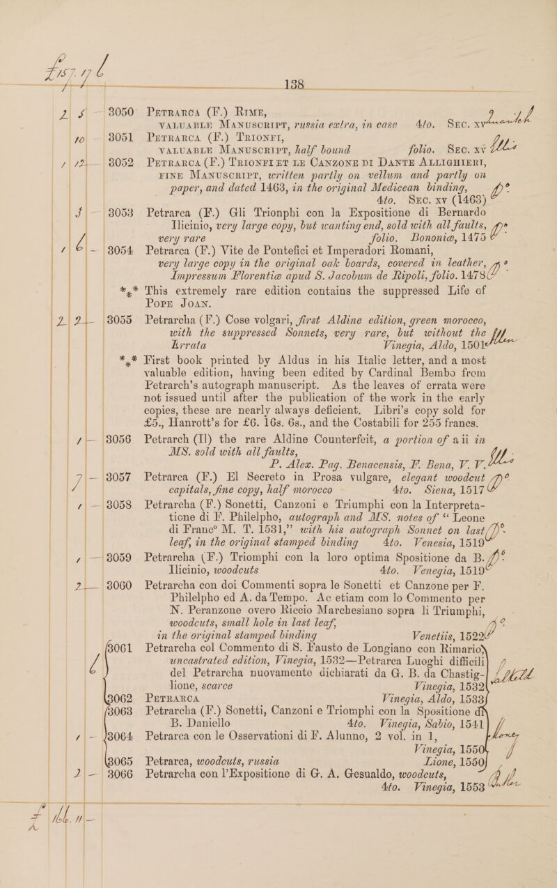  ene ee f- eee ad eee ete Bs: ee ee ican 2| &amp; — 38050 Prtrarca (F.) Rip, | vies. VALUABLE Manuscript, russia extra, incase Ato. SEC. xv yo, ~,8051 Purrarca (F.) Trionrt, ) fli ‘ae vaLuABLE Manuscript, half bound folio. Sg0. xv J 12, — 8052 Prrrarca(F.) TRionFrEet rp Canzone DI DANTE ALLIGHIERT,                3061 FINE Manuscript, written partly on vellum and partly on paper, and dated 1463, in the original Medicean binding, Lp: 4to. Src. xv (1463) Petrarca (F.) Gli Trionphi con la Expositione di Bernardo Tlicinio, very large copy, but wanting end, sold with all faults, Ue very rare folio. Bononie, 1475 Petrarca (I.) Vite de Pontefici et Imperadori Romani, very large copy in the original oak boards, covered in leather, »° Impressum Florentig apud S. Jacobum de Ripoli, folio. 1a7sZ ; This extremely rare edition contains the suppressed Life of PopE Joan. Petrarcha (I°.) Cose volgari, first Aldine edition, green morocco, with the suppressed Sonnets, very rare, but without the ys Errata Vinegia, Aldo, 1501 : valuable edition, having been edited by Cardinal Bembo frem Fetrarch’s autograph manuscript. As the leaves of errata were not issued until after the publication of the work in the early copies, these are nearly always deficient. Libri’s copy sold for £5., Hanrott’s for £6. 16s. 6s., and the Costabili for 255 frances. Petrarch (Il) the rare Aldine Counterfeit, a portion of aii in MS. sold with all faults, P. Alex. Pag. Benacensis, F. Bena, V. V. Petrarca (F.) El Secreto in Prosa vulgare, elegant woodcut Vis capitals, fine copy, half morocco 4to. Siena, 1517 Petrarcha (I’.) Sonetti, Canzoni e Triumphi con la Interpreta- tione di I. Philelpho, autograph and IMS. notes of “ Leone di Franc? M. T. 1581,” with his autograph Sonnet on last (7) leaf, in the original stamped binding 4t0. Venesia, 1519 Petrarcha (F.) Triomphi con la loro optima Spositione da B. : Ilicinio, woodcuts 4to. Venegia, 1519 Petrarcha con doi Commenti sopra le Sonetti et Canzone per F. Philelpho ed A.da Tempo. Ac etiam com lo Commento per N. Peranzone overo Riccio Marchesiano sopra li Triumphi, woodcuts, small hole in last leaf, in the original stamped binding Venetits, 1522V Petrarcha col Commento di 8. Fausto de Longiano con Rimario’ uncastrated edition, Vinegia, 1532—Petrarca Luoghi difficili del Petrarcha nuovamente dichiarati da G. B. da Chastig-     lione, scarce Vinegia, 1532 PETRARCA Vinegia, Aldo, 1538 Petrarcha (F.) Sonetti, Canzoni e Triomphi con la Spositione dt B. Daniello 4to. Vinegia, Sabio, 1541 Petrarca con le Osservationi di F. Alunno, 2 vol. in 1, Vinegia, 1550 Petrarca, woodcuts, russia Lnone, 1550 Petrarcha con ’Expositione di G. A. Gesualdo, woodcuts, Ato. Vinegia, 1553 bh. SF SE ret em: supp tres ee er