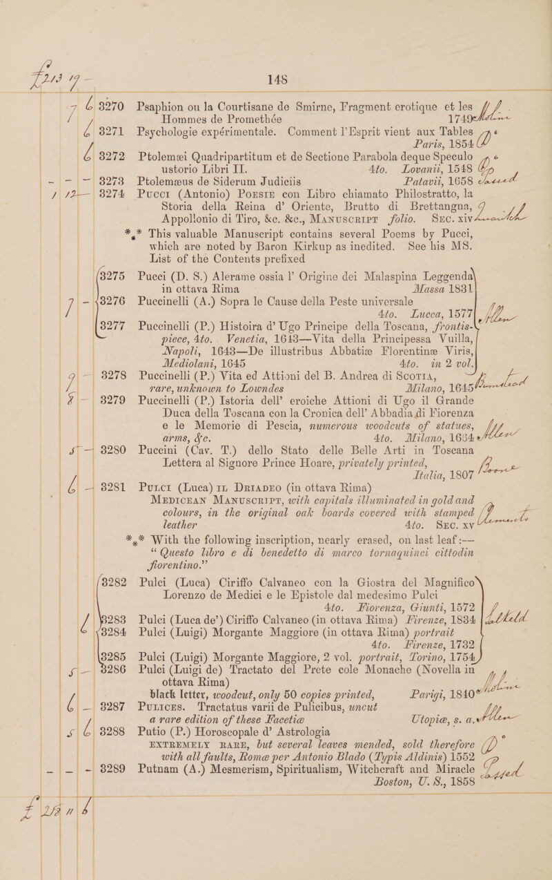: ~ eee Sincere er eee ~ —- — — a 7 6 3270 one ou la Courtisane de Smirne, Fragment erotique et Je ae — 2 as ee _   | Hommes de Promethée 174 / a 38271 Psychologie expérimentale. Comment |’ Esprit vient aux Tables Paris, 1854 | | 8272 Ptolemei Quadripartitum et de Sectione Parabola deque Speculo » « ustorio Libri II. Ato. Lovanir, 1548 Va -- 7 ~ 8273 Ptolemeus de Siderum Judiciis Patavii, 1658 ae    / /2— 3274 Puccr (Antonio) Porste con Libro chiamato Philostratto, la | Storia della Reina d’ Oriente, Brutto di Brettangna, Te 7. Fer 4 Appollonio di Tiro, &amp;c. &amp;c., Manuscripr folio. SEC. xiv — *.* This valuable Manuscript mins several Poems by Pucci, | which are noted by Baron Kirkup as inedited. See his MS. List of the Contents prefixed _ (8275 Pucci (D. 8.) Alerame ossia ’ Origine dei Malaspina Leggenda\ Star in ottava Rima Massa 1831 | /| — 48276 Puccinelli (A.) Sopra le Cause della Peste universale aa ad Ato. Lueca, 1577 {8277 Puccinelli (P.) Histoira d’ Ugo Principe della Toscana, frontis- Pa piece, 4to.. Venetia, 1643—Vita della Principessa Vuilla, Napoli, 1643—De illustribus Abbatie Florentine Viris, | Mediolani, 1645 Ato. in 2 vol. |      t | 7 38278 Puccinelli (P.) Vita ed Attioni del B. Andrea di Scoria, VA ey | | | rare, unknown to Lowndes Milano, 16454/——* |— | 3279 Puccinelli (P.) Istoria dell’ eroiche Attioni di Ugo il Grande ) | Duea della Toscana con la Cronica dell’ Abbadia.di Fiorenza ) e le Memorie di Pescia, numerous woodcuts of statues, Mew | arms, Xe. 4to. Milano, 1654 §— 8280 Puccini (Cav. T.) dello Stato delle Belle Arti in Toscana | Lettera al Signore Prince Hoare, privately printed, | | Italia, 1807 L | 8281 Punczr (Luca) 11 Driapeo (in ottava Rima) Mepicean Manuscript, with capitals illuminated in gold and ; colours, in the original oak boards covered with stamped iJ J | leather 4to. SEC. xv : ** With the following inscription, nearly erased, on last leaf :-— | “Questo libro e di benedetto di marco tornaquinci cittodin a Jiorentino.” | | | ‘(8282 Pulci (Luca) Ciriffo Calvaneo con la Giostra del Magnifico pa Lorenzo de Medici e le Epistole dal medesimo Pulci Ato. Hitorenza, Giunti, 1572 a \go83 Pulci (Luea de’) Ciriffo Calvaneo (in ottava Rima) Mirenze, 1884 thheld. 18284 Pulci (Luigi) Morgante Maggiore (in ottava Rima) portrait 4to. Firenze, 1732 (8285 Pulci (Luigi) Morgante Maggiore, 2 vol. portrait, Torino, 1754 g — 8286 Pulci (Luigi de) Tractato del Prete cole Monache (Novella in A th: ES   fa ottava Rima) Pek | black letter, woodcut, only 50 copies printed, Parigi, 1840 . _— 8287 Puuices. Tractatus varii de Pulicibus, wncut | | a rare edition of these Hacetie | Utopia, s. av S| | 8288 Putio (P.) Horoscopale @’ Astrologia  1 | EXTREMELY RARE, but several leaves mended, sold therefore | with all faults, Rome per Antonio Blado (Lypis Aldinis) 1552 Putnam (A.) Mesmerism, Spiritualism, Witchcraft and Miracle ia = U. 8. (1858 a       