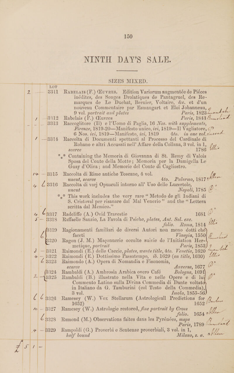 NINTH DAY’S SALE. SIZES MIXED. —— 8311 Rapenars(F.) Huvres. Edition Variorum augmentée de Piéces inédites, des Songes Drolatiques de Pantagruel, des Re- marques de Le Duchat, Bernier, Voltaire, &amp;c. et d’un nouveau Commentaire par Esmangart et Eloi Johanneau, | ops 9 vol. portrait antes ; Paris, 1825 Laowdeh || 43312 Rabelais (F.) Guvres | Paris, 1843 ee rh pate Raccoglitore (Il) e PUomo di Paglia, 16 Nos. with supplements, | | Firenze, 1819-20—Manifesto unico, 7vz, 1819—I] Vagliatore, 6? ,| 6 Nos. zvz, 1819—Manifesto, 2vz, 1819 4to. im one vol.¢as 9514 Raccolta di Documenti spettanti al Processo del Cardinale di Rohano e altri Accusati nell’ Affare della Collana, 3 vol. in 1, WW. scarce 1786 *.* Containing the Memoria di Giovanna di St. Remy di Valois Sposa del Conte della Motte; Memoria per la Damigella Le Guay d’Oliva; and Memorie del Conte di Cagliostro. /4 — 3315 Raccolta di Rime antiche Toscane, 4 vol. Ma : Ato. Palermo, 1817 wncut, Scarce Zz a p16 Raccolta di varj Opusceuli intorno all’ Uso delle Lucertole, uncut Napoti, 1785 (O- ** This work includes the very rare “ Metodo de gli Indiani di S. Cristoval per risanare dal Mal Venerio” and the “ Lettera scritta dal Messico.” Le bss17 Radcliffe (A.) Ovid Travestie 1681 D. S — 8318 Raffaelle Sanzio, La Favola di Psiche, plates, Ant. Sal. exc. We folio. Roma, 1814 Ragionamenti familiari de diversi Autori non meno dotti ché faceti Vinegia, 1550) # L272 Ragon (J. M.) Magonnerie occulte suivie de l’Initiation Her- metique, porlr ait Paris; 1853 a Raimondi (E.) delle Caccie, plates, wants title, 4to. Venetia, 1620 Raimondi (E.) Dottissimo Passatempo, ib. 1629 (on title, 1630) Lda Raimondo (A.) Opera di Nomandia e Fisonomia, a: scarce Anversa, 1677 Rambaldi (A.) Ambrosia Arabica overo Café Bologna, 1691 Rambaldi (B.) illustrato nella Vita e nelle Opere e di lui Q     Commento Latino sulla Divina Commedia di Dante voltato | in Italiano da G. Tamburini (col Testo della Commedia), | 3 vol. Imola, 1855-56 (\é 2396 Ramesey (W.) Vox Stellarum (Astrologicall Predictions for Piece = 1652) 1652 /o| — B327 Ramesey (W.) Astrologie restored, jine portr ait by Cross yee | Z folio. 1654 ¢ 328 Ramond (M.) Observations faites dans les Pyrénées, maps iy ; | | Paris, 1789 | Lae _% —B829 Rampoldi (G.) Proverbi e Sentenze proverbial, 3 vol. in 1, Ws. | | half bound — Milano, CM. af