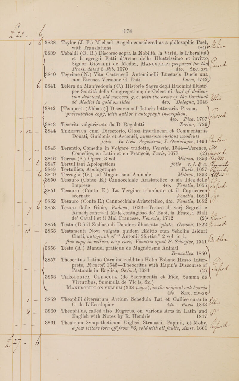 ie eT at ay 38838 Taylor (J. E.) Michael Angelo considered as a philosophic Poet, I aoe with Translations 18400 (3839 Tebaldi (G. B.) Discorso sopra la Nobilta, la Virtu, la Liberalit et li egregii Fatti d’Arme dello Ilustrissimo et invitto (PP Signor Giovanni de Medici, Manuscript prepared for the a               Press, dated 5. Feb. 1570 ato. Sno. xvi f“* 3840 Tegrime (N.) Vita Castruccii Anteminelli Lucensis Ducis una cum Etrusca Versione G. Dati Luce, 1742 é 3841 Telera da Manfredonia (C.) Historie Sagre degli Huomini illustri per Santita della Congregatione de Celestini, leaf of dedica- tron deficient, old morocco, g.e. with the arms of the Cardinal SU; Loa de’ Medici in gold on sides 4to. Bologna, 1648 3842 [Tempesti (Abbate)] Discorso sul’ Istoria letteraria Pisana, ip presentation copy, with author's autograph inscription, / 4to. Pisa, 1787 tated (8843 Teocrito volgarizzato da D. Regolotti Torino, 1729 3844 Trrentius cum Directorio, Glosa interlineari et Commentartis Donati, Guidonis et Ascensti, numerous curious woodcuts y folio. In Urbe Argentina, J. Grtninger, 1496 / v% 3845 Terentio, Comedie in Volgare tradotte, Venetia, 1544—Terence, (&gt;* Comedies, en Latin et en Frangois, Paris, 1677 (2) vibes: 3846 Teresa (S.) Opere, 3 vol. ee 1853 Hest 3847 Tertulliani Apologeticus Solio. l. Sf a. a 3848 Tertullien, Apologetique Pies 1637. ict h, : 3849 Terzaghi (G.) sul Magnetismo Animale Milano, 1853 » £2 (8850 Tesauro (Conte E.) Cannocchiale Aristotelico o sia Idea delle bP» Imprese Ato. Venetia, 1655 me a 3851 Tesauro (Conte EH.) La Vergine trionfante et il Capricorno mn | scornato Venetia, 1680) Yf 3852 Tesauro (Conte E.) Cannocchiale Aristotelico, 4to. Venetia, 1682 (2 : 3853 Tesoro delle Gioie, Padova, 1626—Tesoro di var} Segreti e | Rimedj contra il Male contagioso de’ Buoi, la Peste,i Mah /, | | | de’ Cavalli et il Mal Francese, Venezia, 1712 (2) Hlere— pa as | 8854 Testa (D.) il Zodiaco di Dendera illustrato, plate, Genova, 1822 Cpsaed /3 — 8855 Testamenti Novi vulgata quidem Alditio cum Scholiis Isidori | | Clarii, autograph of “ Antonii Sfortiz,’’ 2 vol. in 1, 3 Jine copy in vellum, very rare, Venettis apud P. Scheffer, 1541   Bruxelles, 1850 8857 Theocritus Latino Carmine redditus Helio Eobano Hesso Inter- by prete, Francof. 1545—Theocritus with Rapin’s Discourse of a Pastorals in English, Oxford, 1684 (2) wasp. TuroLtoeica Opvuscuna (de Sacramentis et Fide, Summa de Virtutibus, Summula de Viciis, &amp;c.) MANUSCRIPT ON VELLUM (868 pages), in the original oak boards 4to. SBC. Xiv-xv¥ Theophili diversarum Artium Schedula Lat. et Gallice curante baa | 3856 Teste (A.) Manuel pratique de Magnétisme Animal    ©. de L’ Escalopier 4to. Paris. 18438 Theophilus, called also Rugerus, on various Arts in Latin and /7 English with Notes by R. Hendrie | 1847     ip idet letters torn ge *6, sold with all faults, Amst. 1661 °  Theatrum Sympatheticum Digbewi, Straussii, Papinii, et Mohy, / ey &amp;       