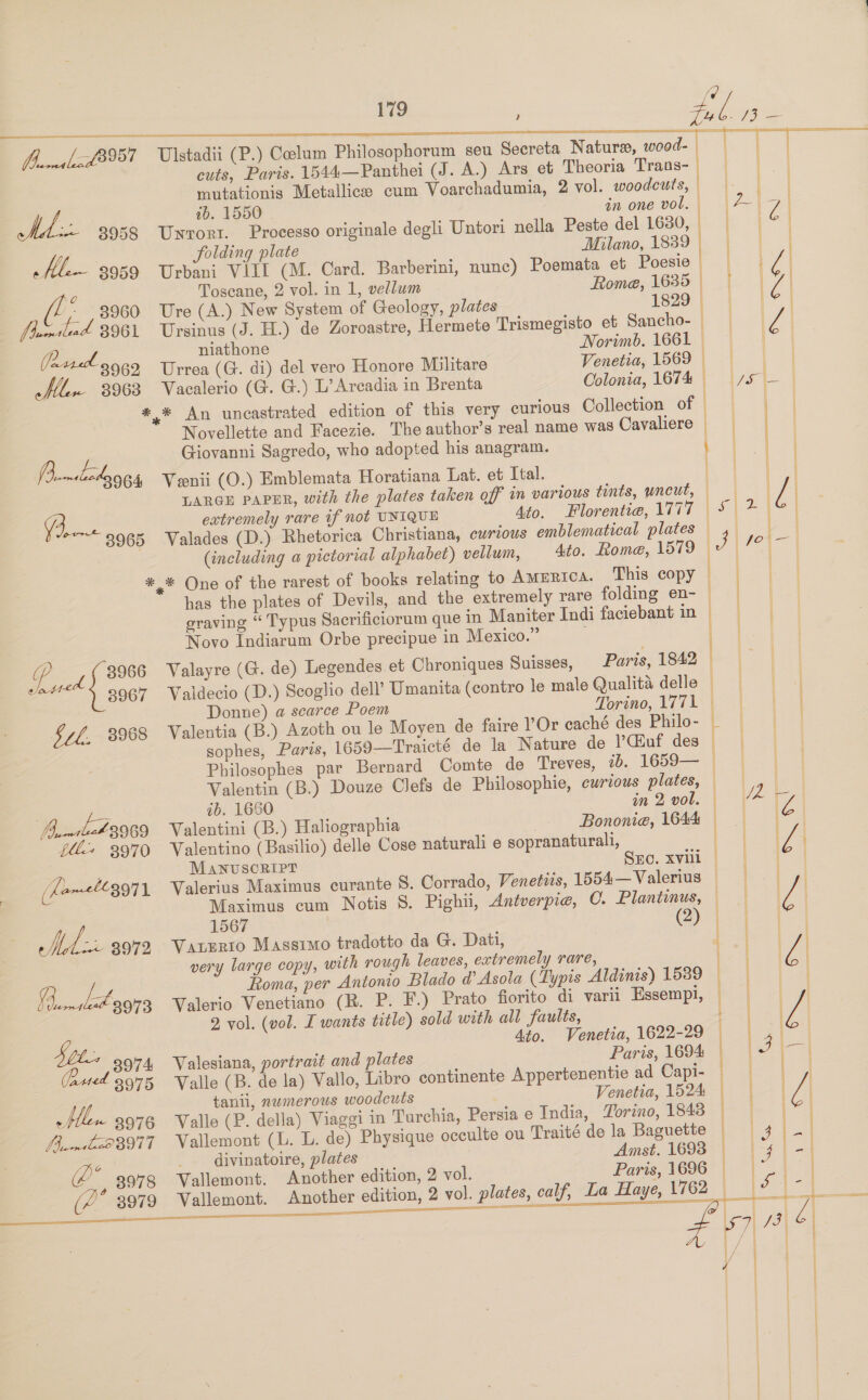    Ulstadii (P.) Calum Philosophorum seu Secreta Naturs, wood- cuts, Paris. 1544—Panthei (J. A.) Ars et Theoria Traos- mutationis Metallices cum Voarchadumia, 2 vol. woodcuts, | ib. 1550 in one vol. Unrorr. Processo originale degli Untori nella Peste del 1630, , ) folding plate Milano, 1839 Urbani VIII (M. Card. Barberini, nunc) Poemata et Poesie © Toscane, 2 vol. in 1, vellum Rome, 1635 | Ure (A.) New System of Geology, plates 1829 © Poemalad B95 ren Mle 3959  (£7 3960      ; | | Pentlad 3961 Ursinus (J. H.) de Zoroastre, Hermete Trismegisto et Sancho- — | “AA Pod niathone Norimb. 1661) 3962 Urrea (G. di) del vero Honore Militare Venetia, 1569 |} | | | 3963 Vacalerio (G. G.) L’ Arcadia in Brenta Colonia, 1674s *,* An uncastrated edition of this very curious Collection oo ee a a Novellette and Facezie. The author’s real name was | Giovanni Sagredo, who adopted his anagram. . [metodo es, Veenii (O.) Emblemata Horatiana Lat. et Ttal. LARGE PAPER, with the plates taken off in various tints, uncut, — V4, ae extremely rare if not UNIQUE 4to. Florentie, 1777 5 3965 Valades (D.) Rhetorica Christiana, curious emblematical plates — (including a pictorial alphabet) vellum, 4to. Rome, 1579 © *,* One of the rarest of books relating to AMuRIcA. This copy has the plates of Devils, and the extremely rare folding en- ° e | Cavaliere | : | eraving “ Typus Sacrificiorum que in Maniter Indi faciebant in | |  Novo Indiarum Orbe precipue in Mexico.”  Valayre (G. de) Legendes et Chroniques Suisses, Paris, 1842 Valdecio (D.) Seoglio dell’ Umanita (contro le male Qualita delle Donne) a scarce Poem Torino, 1771 | Valentia (B.) Azoth ou le Moyen de faire Or caché des Philo- _ sophes, Paris, 1659—Traicté de la Nature de l’Ciuf des | Philosophes par Bernard Comte de Treves, ib. 1659— — Valentin (B.) Douze Clefs de Philosophie, curious plates, — ib. 1660 in 2 vol. — ) Lava Ss 3967 Sxl, 3968 ————— Aunileh 3969 3970 (Loml3971 MA 3972 G._.Lbson3 Valentini (B.) Haliographia | Bononia, 1644 | Valentino (Basilio) delle Cose naturali e sopranaturali, MANvuscRIPT Valerius Maximus curante Maximus cum Notis 1567 Vaterto Massimo tradotto da G. Dati, very large copy, with rough leaves, extremely rare, Roma, per Antonio Blado d’ Asola (TLypis Aldinis) 1539 © Valerio Venetiano (R. P. F.) Prato fiorito di varii Essempi, 2 vol. (vol. I wants title) sold with all faults, | f SHo. xvii | S. Corrado, Venetus, 1554—Valerius © } | S. Pighii, Antverpie, C. Plantinus, ee (2) | i Sts Ato. Venetia, 1622-29 3974 Valesiana, portrait and plates Paris, 1694 | (ancl 3975 | tanii, numerous woodcuts Venetia, 1524 | | L Hen 3976 Valle (P. della) Viaggi in Turchia, Persia e India, Torino, 1843 | | . [Boril223977 + Vallemont (L. L. de) Physique occulte ou Traité de la Baguette | | a AIG (3978 (2° 3979     divinatoire, plates Vallemont. Another edition, 2 vol. Another edition, 2 vol. plates, calf, oe PASS  