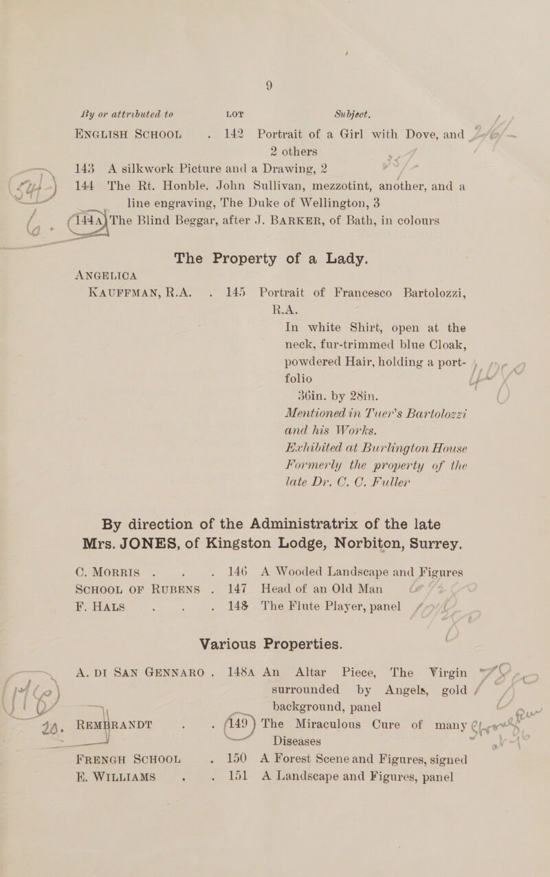 ENGLISH SCHOOL . 142 Portrait of a Girl with Dove, and /-@ 2 others ae 143 A silkwork Picture and a Drawing, 2 | | Hy \ 144 The Rt. Honble. John Sullivan, mezzotint, another, and a Se ee = line engraving, The Duke of Wellington, 3 / (1448 The Blind Beggar, after J. BARKER, of Bath, in colours a ——s eee The Property of a Lady. ANGELICA KAUFFMAN, R.A. . 145 Portrait of Francesco Bartolozzi, R.A. In white Shirt, open at the neck, fur-trimmed blue Cloak, powdered Hair, holding a port- . folio abin. by 28in. Mentioned in Tuer’s Bartolozzi and his Works. Hehibited at Burlington House Formerly the property of the late Dr. C. C. Fuller Sieg By direction of the Administratrix of the late Mrs. JONES, of Kingston Lodge, Norbiton, Surrey. C, MORRIS . ; . 146 A Wooded Landscape and Figures SCHOOL OF RUBENS . 147 Head of an Old Man F, HALS . 148 The Flute Player, panel Various Properties. A. DI SAN GENNARO. 148A An Altar Piece, The Virgin | surrounded by Angels, gold / 2 3 . #é ; we ay ee background, panel | | 94, REMBRANDT : ; (49 ) The Miraculous Cure of many Oro eae ~~“ Diseases ey ed FRENGH SCHOOL . 150 A Forest Sceneand Figures, signed K. WILLIAMS ‘ . 151 A Landseape and Figures, panel