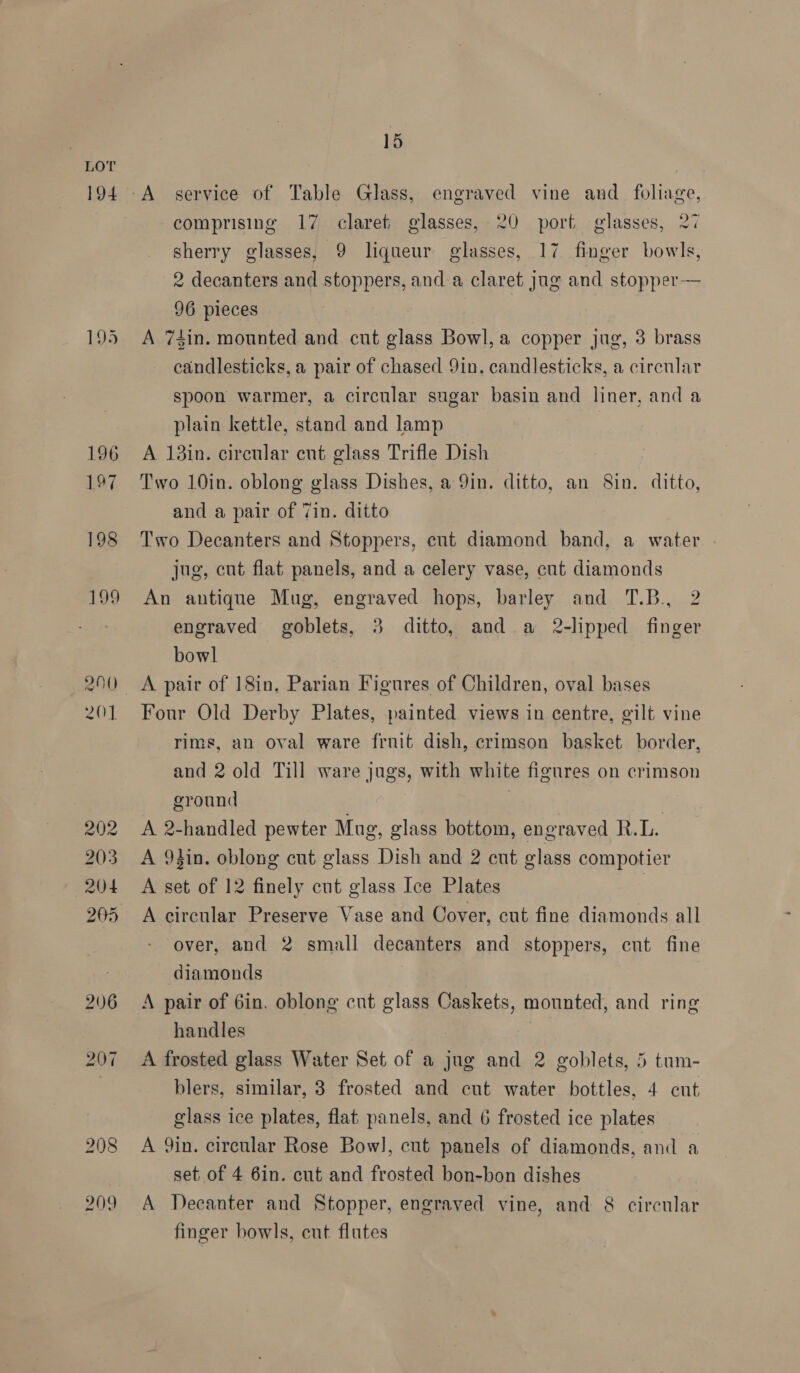 194 196 197 198 199 201 208 209 15 comprising 17 claret glasses, 20 port glasses, 27 sherry glasses, 9 liqueur glasses, 17 finger bowls, 2 decanters and stoppers, and a claret jug and stopper— 96 pieces A 74in. mounted and cut glass Bowl, a copper jug, 3 brass candlesticks, a pair of chased 9in. candlesticks, a circular spoon warmer, a circular sugar basin and liner, and a plain kettle, stand and lamp A 13in. circular cut glass Trifle Dish Two 10in. oblong glass Dishes, a 9in. ditto, an Sin. ditto, and a pair of Zin. ditto Two Decanters and Stoppers, ent diamond band, a water jug, cut flat panels, and a celery vase, cut diamonds An antique Mug, engraved hops, barley and T.B, 2 engraved goblets, 3 ditto, and a 2-lipped finger bowl A pair of 18in, Parian Figures of Children, oval bases Four Old Derby Plates, painted views in centre, gilt vine rims, an oval ware frnit dish, crimson basket border, and 2 old Till ware jugs, with white figures on crimson ground ) | A 2-handled pewter Mug, glass bottom, engraved R.L. A 94in. oblong cut glass Dish and 2 cut glass compotier A set of 12 finely cut glass Ice Plates A circular Preserve Vase and Cover, cut fine diamonds all over, and 2 small decanters and stoppers, cut fine diamonds A pair of Gin. oblong cut glass Caskets, mounted, and ring handles A frosted glass Water Set of a jug and 2 goblets, 5 tum- blers, similar, 3 frosted and cut water bottles, 4 cut glass ice plates, flat panels, and 6 frosted ice plates A 9in. circular Rose Bowl, cut panels of diamonds, and a set of 4 6in. cut and frosted bon-bon dishes A Decanter and Stopper, engraved vine, and 8 circular finger bowls, cut flutes