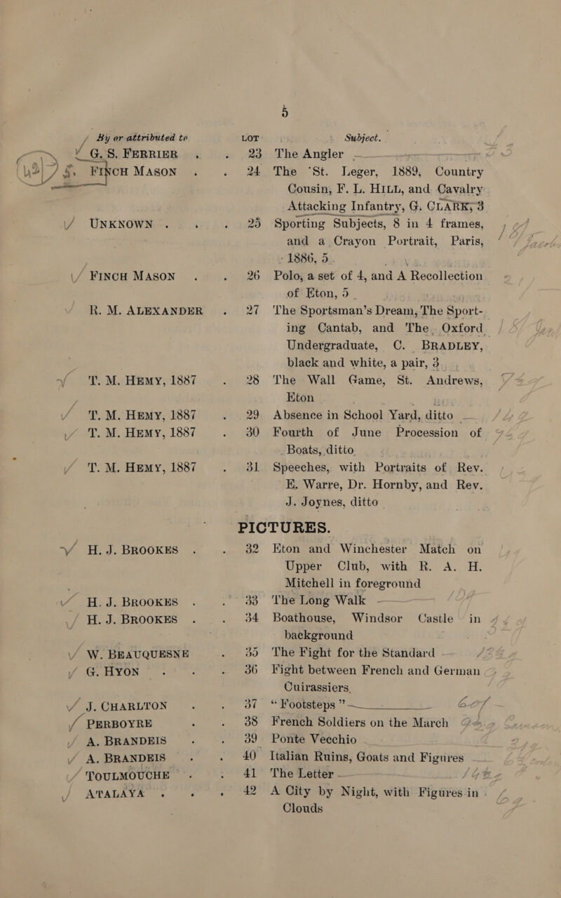 A \ \- V FINCH MASON . UNKNOWN .. . FINCH MASON R. M. ALEXANDER TY, M. Hemy, 1887 T. M. Hemy, 1887 T. M. Hemy, 1887 T. M. Hemy, 1887 H. J. BROOKES . J. BROOKES H H. J. BROOKES A. BRANDEIS A. BRANDEIS TOULMOUCHE — ATALAYA .  LOT Subject. i 23 The Angler = 24 The “St. Leger, 1889, Country Cousin, F. L. HILL, and Cavalry. Attacking Infantry, G. GLARK; 3 25 Sporting - Subjects, 8 in 4 frames, and a Crayon Portrait, Paris, - 1886, 5. \ 26 Polo, a set of 4, and ou Recollection of Eton, 5 27 ='The Sportsman’s Dream, The Spor t- ing Cantab, and The. Oxford Undergraduate, C. a toca black and white, a pair, : 28 The Wall Game, St. mats Kton 29 Absence in School Yard, ditto = 30 Fourth of June Procession of Boats, ditto, 31 Speeches, with Portraits of Rev. EK. Warre, Dr. Hornby, and Rev. J. Joynes, ditto | PICTURES. | 32 Kton and Winchester Match on Upper Club, with R. A. H. Mitchell in foreground 33 ‘The Long Walk 34 Boathouse, Windsor Castle © in background 3) The Fight for the Standard 36 Fight between French and German Cuirassiers, of “Goce ps T= Gz 38 French Soldiers on the March 39 Ponte Vecchio _ 40 Italian Ruins, Goats and Figures 41 The Letter . Ee. 42 A City by Night, with Fipaves ee Clouds
