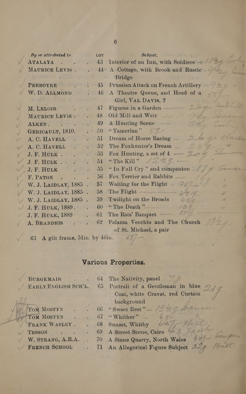 ATALAYA MAURICE LEVIS . PERBOYRE &gt; W.. -D. ALLMOND M. LELOIR MAURICE LEVIS gi ALKEN . GERICAULT, 1810. A. C. HAVELL A. C. HAVELL J. F. HULK . Jt’... HULK F, PATON J. F. Huuk, 1889. J. F. HuuK, 1889 A. BRANDEIS Gr cy Come Cov. Ce (Car ied Ns) 47 i a) cm) nH on Ou He Cov Ou Ct Jo Re 2) Or mer Interior of an Inn, with Soldiers”. ‘Bridge | Prussian Attack on eee ne te A ‘Theatre Queue, and Head of a Girl, VAL. DAVIS, 2 Figures in a Garden A’ Hunting Scene . “ Tamerlan ”’ Dream of Horse Racing -. The Foxhunter’s Dream - Fox Hunting, a set of 4 —— “In Fall Cry” and companion - _/ ye ‘errier and Rabbits Waiting for the Flight - Twilight on the Broads The Rats’ Banquet - ass Palazza Vecchio and The Church of St. Michael,.a pair BURGKMAIR ‘Tom Mostyn FRANK WASLEY . ‘TESSON W. STRANG, A.R. a FRENCH SCHOOL The Nativity, panel Portrait of a Gentleman in blue Coat, white Cravat, red Curtain background a ae “Sweet Rest ” Sunset, Whitby 64, A Street Scene, Cairo © E. oor A Stone Quarry, North Wales 4 ¢ / An Allegorical Figure Subject AZ 24 of)