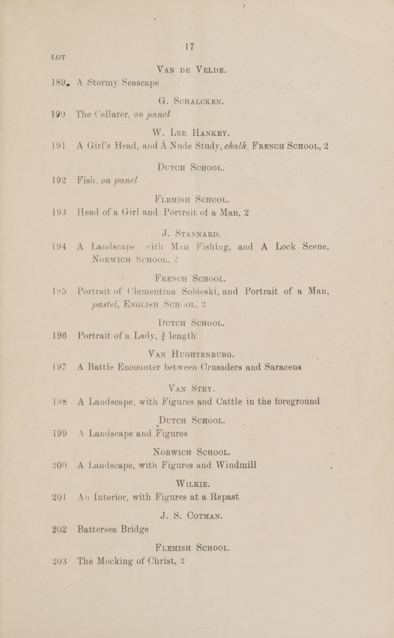 190 191 192 193 194 201 202 203 17 Van DE VELDE. A Stormy Seascape G. SCHALCKEN. The Cellarer, on panel W. Lee Hangey. A Girl’s Head, and A Nude Study, chalk, Franca ScHootn, 2 DutcH ScHOOL. Fish, on panel FLEMISH SCHOOL. Head of a Girl and Portrait of a Man, 2 J. STANNARD. A Landscape. with Man Fishing, and A Lock Scene, ~ NorwicH- ScHOOL, 2 FrexcH ScHOooL. | Portrait of Clementina Sobieski, and Portrait of a Man, pastel, HNGLISH SCHvOL, 2 DutcH SCHOOL. Portrait of a Lady, ? length VAN HUGHTENBURG. A Battle Encounter between Crusaders and Saracens VAN STRY. A Landscape, with Figures and Cattle in the foreground DutcH ScHOOL. A Landscape and Figures NorwicH ScHoo.. A Landscape, with Figures and Windmill WILKIE. An Interior, with Figures at a Repast J. S. Corman. Battersea Bridge FLEMISH SCHOOL. The Mocking of Christ, 2