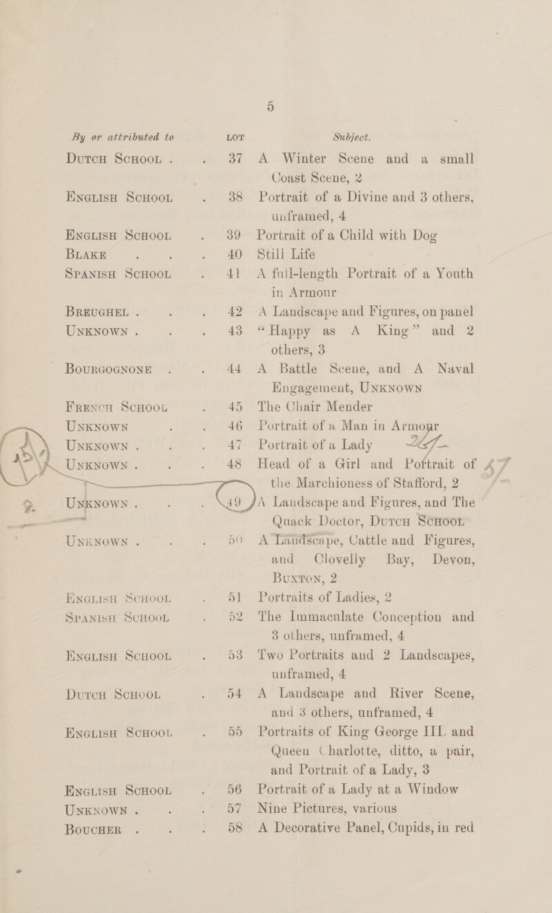 By or attributed to LOT Subject. DutcH ScHOOL . . 3% A Winter Scene and a small Coast Scene, 2 ENGLISH SCHOOL . 88 Portrait of a Divine and 3 others, unframed, 4 ENGLISH SCHOOL . 989 Portrait of a Child with Dog BLAKE ~- 40 -Still bite SPANISH SCHOOL . 41 A full-length Portrait of a Youth in Armour BREUGHEL . . 42 A Landscape and Figures, on panel UNKNOWN . ; .. 43- Hope as: A Kine” and? 2 others, 3 BoURGOGNONE . . 44 A Battle Scene, and A Naval Hngagement, UNkKNowN Frencn SCHOOL . 45 The Chair Mender ~~ UNKNOWN . 46 Portrait-of a Man in Armo r gay A UNKNOWN . . 47 Portrait of a Lady ff ee VA. UNKNOWN . 48 Head of a Girl and Poftrait of 47 LV Sey oe 7 —~ the Marchioness of Stafford, 2 th >. Unknown : : . \d9_/A Landscape and Figures, and The —s Quack Doctor, DutcH ScHoor UNKNOWN . . 50 A Tandscape, Cattle and Figures, and Clovelly Bay, Devon, Buxton, 2 HNGLISH SCHOOL . 51 Portraits of Ladies, 2 SPANISH SCHOOL 62 The Immaculate Conception and 3 others, unframed, 4 ENGLISH SCHOOL . 53 Two Portraits and 2 Landscapes, unframed, 4 DutcH ScHOOL . 54 A Landscape and River Scene, and 3 others, unframed, 4 ENGLIsH SCHOOL . 55 Portraits of King George III. and Queen Charlotte, ditto, a pair, and Portrait of a Lady, 3 EncGuisH ScHOOL . 06 Portrait of a Lady at a Window UNKNOWN . : . 57 Nine Pictures, various BoucHER . . 58 A Decorative Panel, Cupids, in red