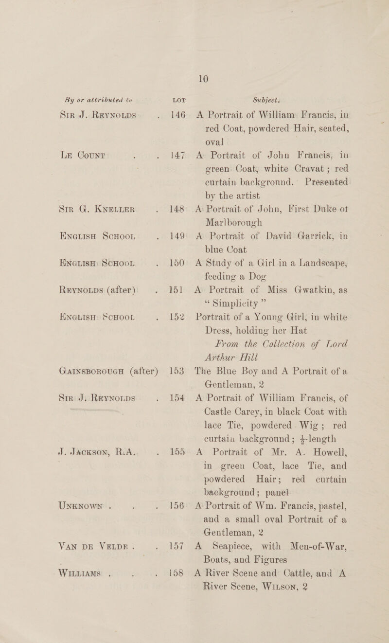 Sir J. REYNOLDS Le Count Sir G. KNELLER ENGLISH SCHOOL ENGLISH: SCHOOL ReyNOLDs (after) ENGLISH: SCHOOL GAINSBOROUGH (after) Sir J; Reynoups J. Jackson, R.A. UNKNOWN . VAN DE VELDE. WILLIAMS , 146 156 157 158 10 A Portrait of William Francis, in red Coat, powdered Hair, seated, oval | A Portrait of John Francis, in green Coat, white Cravat ; red curtain background. Presented by the artist Marlborough A Portrait of David Garrick, in blue Coat A Study of a Girl in a Landscape, feeding a Dog A Portrait of Miss Gwatkin, as “ Simplicity ” Portrait of a Young Girl, in white Dress, holding her Hat From the Collection of Lord Arthur Hill The Blue Boy and A Portrait of a Gentleman, 2 A Portrait of William Francis, of Castle Carey, in black Coat with lace Tie, powdered. Wig; red curtaiu background; 4-length A Portrait of Mr. A. Howell, in green Coat, lace Tie, and powdered Hair; red curtain background; panel A Portrait of Wm. Francis, pastel, and a small oval Portrait of a Gentleman, 2 A Seapiece, with Men-of-War, Boats, and Figures A River Scene and Cattle, and A