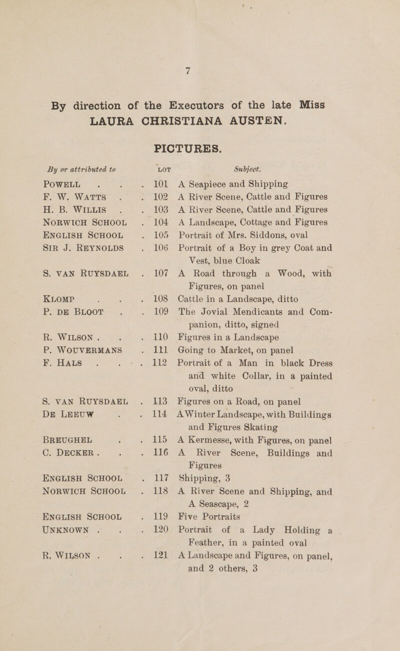 POWELL F. W. WATTS H. B. WILLIS NORWICH SCHOOL ENGLISH SCHOOL SIR J. REYNOLDS S. VAN RUYSDAEL KLOMP P. DE BLOOT R. WILSON . P. WOUVERMANS F. HALS S. VAN RUYSDAEL DE LEEUW BREUGHEL C. DECKER. ENGLISH SCHOOL NORWICH SCHOOL ENGLISH SCHOOL UNKNOWN R, WILSON . 101 102 103 105 106 107 108 109 110 Itl 112 113 114 115 116 ti 118 119 120 121 A Seapiece and Shipping A River Scene, Cattle and Figures A River Scene, Cattle and Figures A Landscape, Cottage and Figures Portrait of Mrs. Siddons, oval Portrait of a Boy in grey Coat and Vest, blue Cloak A Road through a Wood, with Figures, on panel Cattle in a Landscape, ditto The Jovial Mendicants and Com- panion, ditto, signed Figures in a Landscape Going to Market, on panel Portrait of a Man in black Dress and white Collar, in a painted oval, ditto Figures on a Road, on panel A Winter Landscape, with Buildings and Figures Skating A Kermesse, with Figures, on panel A River Scene, Buildings and Figures Shipping, 3 A River Scene and Shipping, and A Seascape, 2 Five Portraits Portrait of a Lady Holding a Feather, in a painted oval A Landscape and Figures, on panel, and 2 others, 3