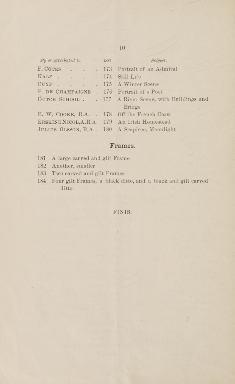 10 LOT Subject. 173 =Portrait of an Admiral 174 Still Life 175 A Winter Scene 176 Portrait of a Poet 177. A River Scene, with Buildings and Bridge 178 Off the French Coast 179 An Irish Homestead 180 A Seapiece, Moonlight Frames. Another, smaller ditto FINIS.