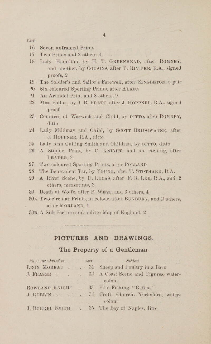 LOT dU Seven unframed Prints Lady Hamilton, by H. T. GREENHEAD, after ROMNEY, and another, by COUSINS, after B. RIVIARE, R.A., signed proofs, 2 The Soldier’s and Sailor’s Farewell, after SINGLETON, a pair Six coloured Sporting Prints, after ALKEN An Arundel Print and 8 others, 9 Miss Pollok, by J. B. PRATT, after J. HOPPNER, R.A., signed proof Countess of Warwick and Child, by DITTO, atter ROMNEY, clitto Lady Mildmay and Child, by ScorTt BRIDGWATER, after J. HOPPNER, R.A., ditto Lady Ann Culling Smith and Children, by DITTO, ditto A Stipple Print, by C. KNIGHT, and an etching, after LEADER, 2 Two coloured Sporting Prints, after POLLARD The Benevolent Tar, by YOUNG, after T. STOTHARD, R.A. A. River Scene, by D. LUCAS, after F. R. LEE, R.A., and: 2 others, mezzotints, 3 after MORLAND, 4  Fine eS = PICTURES AND DRAWINGS. The Property of a Gentleman. Sy or attributed to LOT Subject. LEON MOREAU . . @l Sheep and Poultry ina Barn J. FRASER . . 382° A Coast Scene and Figures, water colour ROWLAND KnigHt . .33. Pike Fishing, “ Gaffed”’ colour