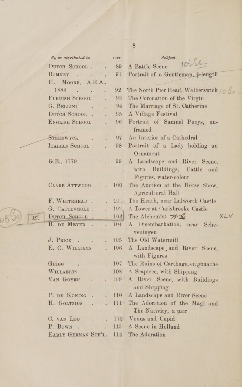 se DutoH ScHoor . RoMNEY 1&amp;84 FLEMISH SCHOOL G. BELLINI Duror Scroor ENGuLisH ScHOOL ITALIAN SCHOOL . Gab. ae CLARE ATTWOOD EF. WHITEHEAD . GG. CATTERMOLE . ly J. PRICE KE. C.. WiLuiams (FRIGG WILLAERTS VAN GOYEN P. DE KoNnrING H. GourTzius ©. van Loo P. Bown  A Battle Scene ID Ys | Portrait of a Gentleman, ?-length The North Pier Head, Walberswick )- “ The Coronation of the Virgin The Marriage of St. Catherine A Village Festival Portrait of Samuel Pepys, un- framed | | An Interior of a Cathedral Portrait of a Lady holding an Ornament A Landscape and River Scene, with Buildings, Cattle and Figures, water-colour The Auction at the Horse Show, Agricultural Hall The Heath, near Lulworth Castle A Tower at Carisbrooke Castle The Alchemist WG XLV A Disembarkation, near Sche- veningen The Old Watermill A Landscape, and River Scene, with Figures The Ruins of Carthage, en gouache A Seapiece, with Shipping A River Scene, with Buildings and Shipping A Landscape and River Scene The Adoration of the Magi and The Nativity, a pair Venus and Cupid A Scene in Holland The Adoration