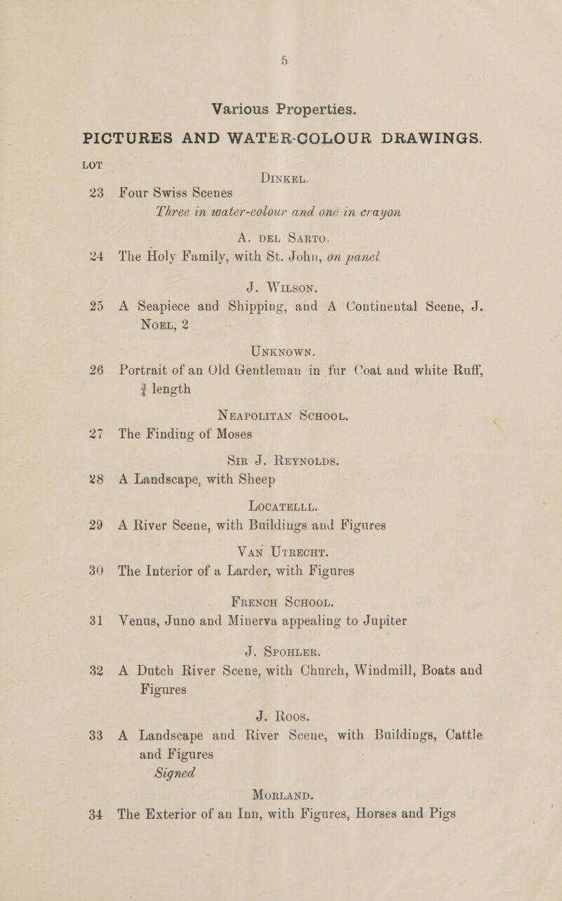 Various Properties. 23 25 26 30 31 32 33 a4 DINKEL. Four Swiss Scenes Three in water-colour and one in crayon A. DEL SARTO. The Holy Family, with St. John, on panel. J. Wuison. A Seapiece and Shipping, and A Continental Scene, J. Nok, 2 UnKNoWN. Portrait of an Old Gentleman in fur Coat and white Ruff, 3 length _ NEAPOLITAN SCHOOL. The Finding of Moses Sir J. REYNOLDS. A Landscape, with Sheep LOcATELLL. A River Scene, with Buildings and Figures Van Uvtrecat. The Interior of a Larder, with Figures FRENCH SCHOOL. Venus, Juno and Minerva appealing to Jupiter J. SPOHLER. A Dutch River Scene, with Church, Windmill, Boats and Figures J. Roos. A Landscape and River Scene, with nee Cattle and Figures Signed MorLaAnD. | The Exterior of an Inn, with Figures, Horses and Pigs