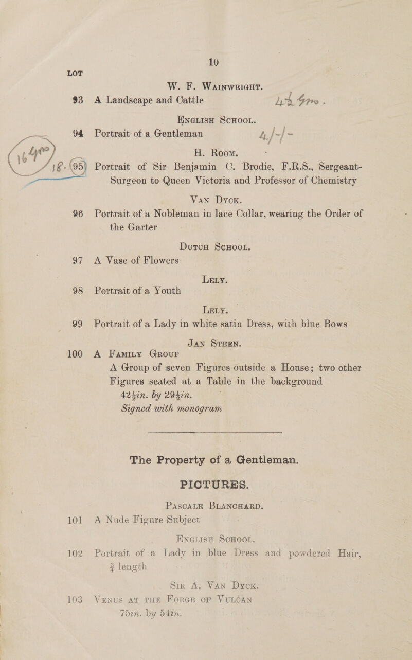 LOT W. F. Wainwriaat. 93 A Landscape and Cattle Ly 40 ; ENGLISH SCHOOL. a: 94 Portrait of a Gentleman 4.}-/ ~ @ e t uy) oe H. Room. (ub SA Nb: (95) Portrait of Sir Benjamin C. Brodie, F.R.S., Sergeant- ee Surgeon to Queen Victoria and Professor of Chemistry Van Dyck. 96 Portrait of a Nobleman in lace Collar, wearing the Order of the Garter DutcH ScHoon. 97 <A Vase of Flowers LELY. 98 Portrait of a Youth LELY. 99 Portrait of a Lady in white satin Dress, with blue Bows JAN STEEN. 100 A Famity Group A Group of seven Figures outside a House; two other Figures seated at a Table in the background 4224in. by 294in. Signed with monogram The Property of a Gentleman. PICTURES. PASCALE BLANCHARD. 101 A Nude Figure Subject ENGLISH SCHOOL. 102. Portrait of a Lady in blue Dress and powdered Hair, 3 length Sir A, Van Dyck. 103 VENUS AT THE ForGE or VULCAN 7din. by d4en.