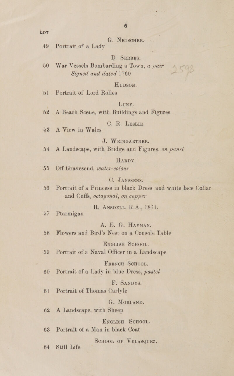49 50 5 52 53 54 5A 56 a7 08 oY 60 6 | 62 63 64 é G. NETSCHER. Portrait of a Lady D S#RRES. War Vessels Bombarding a Town, a pair Signed and dated \760 Hupson. Portrait of Lord Rolles Luwy. A Beach Sceue, with Buildings and Figures CG. RR. (bbshin. A View in Wales | J. WEINGARTNER. A Landscape, with Bridge and Figures, on panel Harpy. Off Gravesend, water-colour C. JANSSENS. Portrait of a Princess in black Dress and white lace Collar and Cutts, octagonal, on copper R. ANSDELL, R.A., 1871. Ptarmigan A. E. G. Hayman. Flowers and Bird’s Nest on a Console Table ENNGLIsH SCHOOL. Portrait of a Naval Officer in a Landscape FRENCH SCHOOL. Portrait of a Lady in blue Dress, pastel F. SANDYs. Portrait of Thomas Carlyle G. Moruanp. A Landscape, with Sheep ENGLISH SCHOOL. Portrait of a Man in black Coat ScHOOL OF VELASQUEZ. Still Life