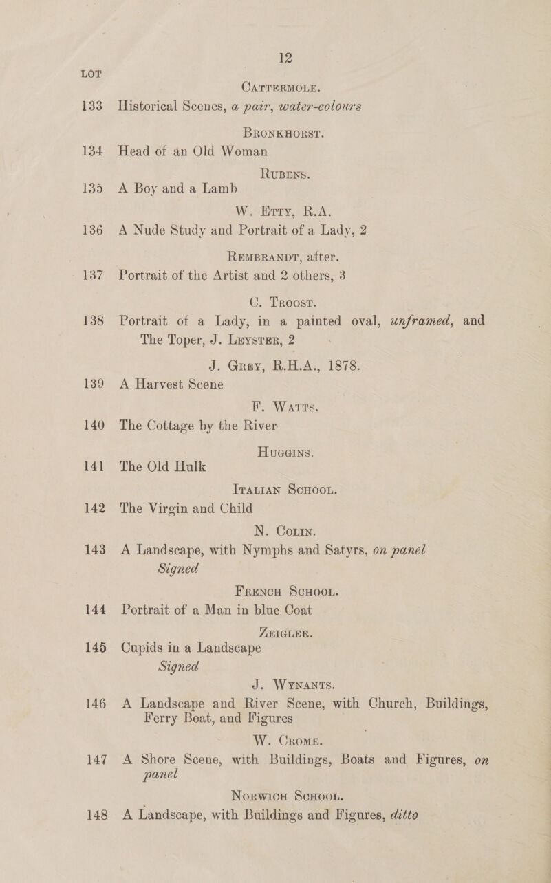 Se? 138 139 140 14] 142 143 144 145 146 147 148 12 CATTERMOLE. Historical Scenes, a pair, water-colours BRONKHORST. Head of an Old Woman RUBENS. A Boy and a Lamb W. Erty, R.A. A Nude Study and Portrait of a Lady, 2 REMBRANDT, after. Portrait of the Artist and 2 others, 3 C. Troost. Portrait of a Lady, in a painted oval, unframed, and The Toper, J. Lrystsr, 2 J. Grey, R.H.A., 1878. A Harvest Scene F. Watts. The Cottage by the River HUGGINS. The Old Hulk ~« TPAnIAN SCHOOL: The Virgin and Child N. Coun. A Landscape, with Nymphs and Satyrs, on panel Signed FRENCH SCHOOL. Portrait of a Man in blue Coat ZEIGLER. Cupids in a Landscape Signed J. WyYnants. A Landscape and River Scene, with Church, Buildings, Ferry Boat, and Figures ! W. Crome. | A Shore Scene, with Buildings, Boats and Figures, on panel Norwicu ScHoou. A Landscape, with Buildings and Figures, atto