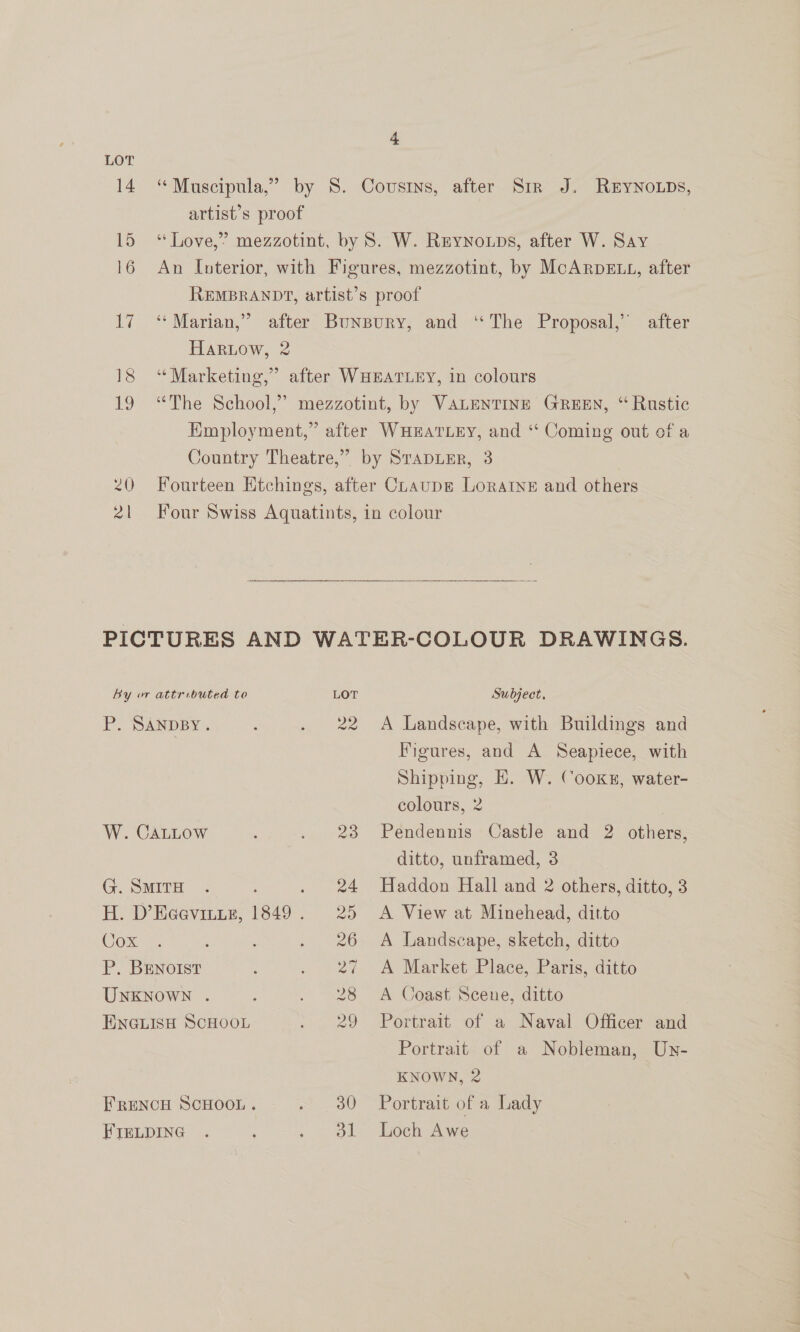 LOT 4 “ Muscipula,”’ by S. Cousins, after Sir J. REYNOLDS, artist’s proof ‘Love,’ mezzotint, by S. W. Reynoups, after W. Say An [nterior, with Figures, mezzotint, by McARpDELL, after REMBRANDT, artist’s proof “Marian,” after Bunpury, and ‘‘The Proposal,’ after Hariow, 2 “Marketing,” after WHEATLEY, in colours “The School,” mezzotint, by VALENTINE GREEN, “Rustic Employment,” after WHEATLEY, and ‘ Coming out of a Country Theatre,” by STADLER, 3 Fourteen Etchings, after CLaupe Loratne and others Four Swiss Aquatints, in colour  Figures, and A Seapiece, with Shipping, E. W. Cooks, water- colours, 2 ditto, unframed, 3 Cox . 26 A Landscape, sketch, ditto P. BENOIST : . 27 A Market Place, Paris, ditto UNKNOWN . . 28 A Coast Scene, ditto ENGLISH SCHOOL ~ a 29 Portrait’ of a Naval Oiicer wand Portrait of a Nobleman, Un- KNOWN, 2 FRENCH SCHOOL . . .30 Portrait of a Lady