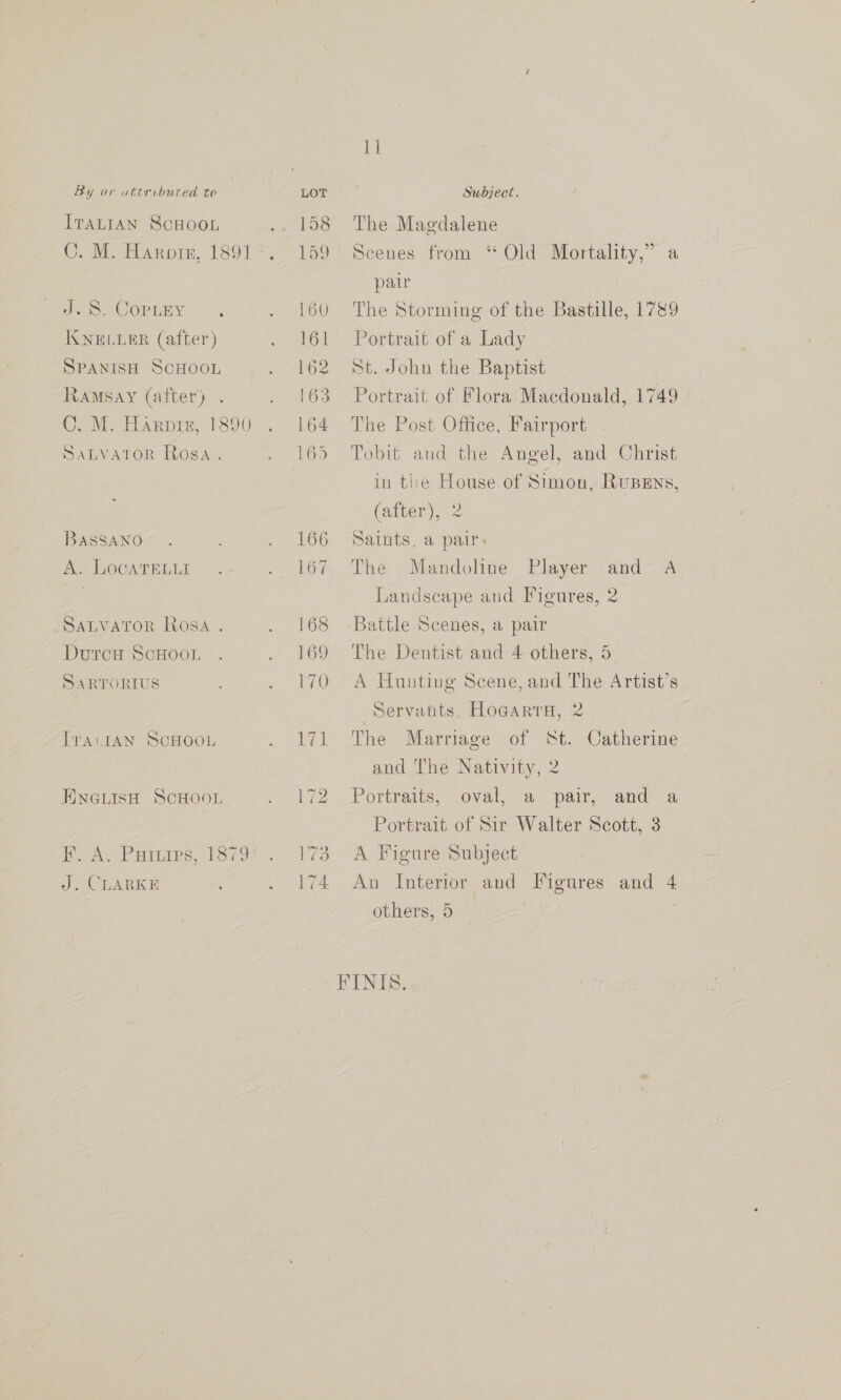 ITALIAN ScHOOL Oe OORIEY. KNELLER (after) SPANISH SCHOOL Ramsay (after) . C. M. Harvie, 1890 SALVATOR Rosa. BasSsANo A. LocATELLI SALVATOR Rosa . DutcH ScHOOL SaRTORIUS IratIAN SCHOOL HNGLISH SCHOOL HOA PRPs 1879 J. CLARKE The Magdalene Scenes from ‘ Old Mortality,” a pair The Storming of the Bastille, 1789 Portrait of a Lady St. John the Baptist * Portrait of Flora Macdonald, 1749 The Post Office, Fairport Tobit and the Angel, and Christ in the House of Simon, RuBeEns, (after), 2 Saints, a pair: and A Landscape and Figures, 2 The Mandoline Player Battle Scenes, a pair The Dentist and 4 others, 5 A Hunting Scene, and The Artist’s Servants. Hogarra, 2 The Marriage of St. Catherine and The Nativity, 2 Portraits; ‘oval, a~ pair, anda Portrait of Sir Walter Scott, 3 A Figure Subject An Interior and Figures and 4 others, 5 ,